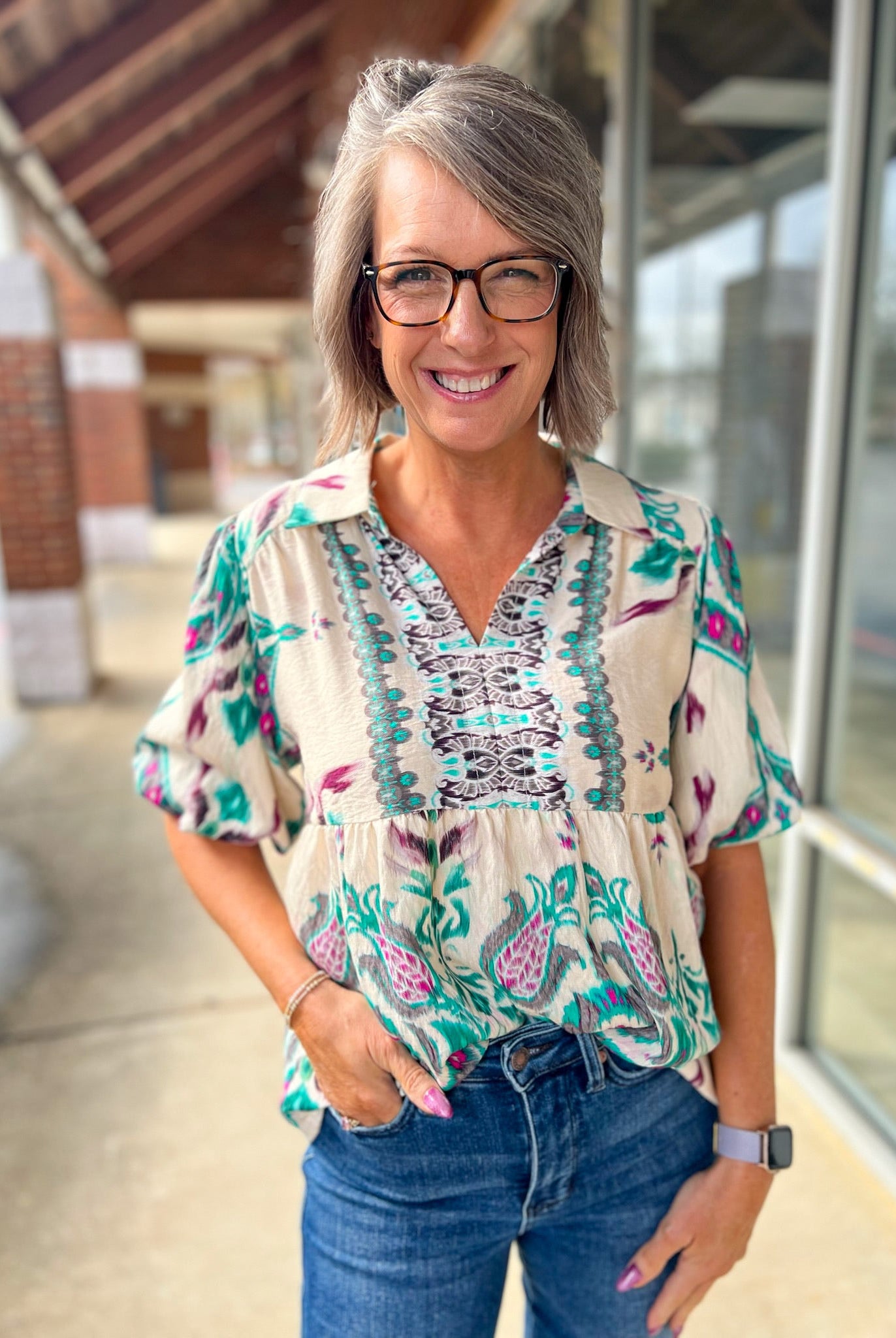 Teal Mix V - Neck Top with Short Puff Sleeves and Contrast Panel - A'Bekah's Boutique