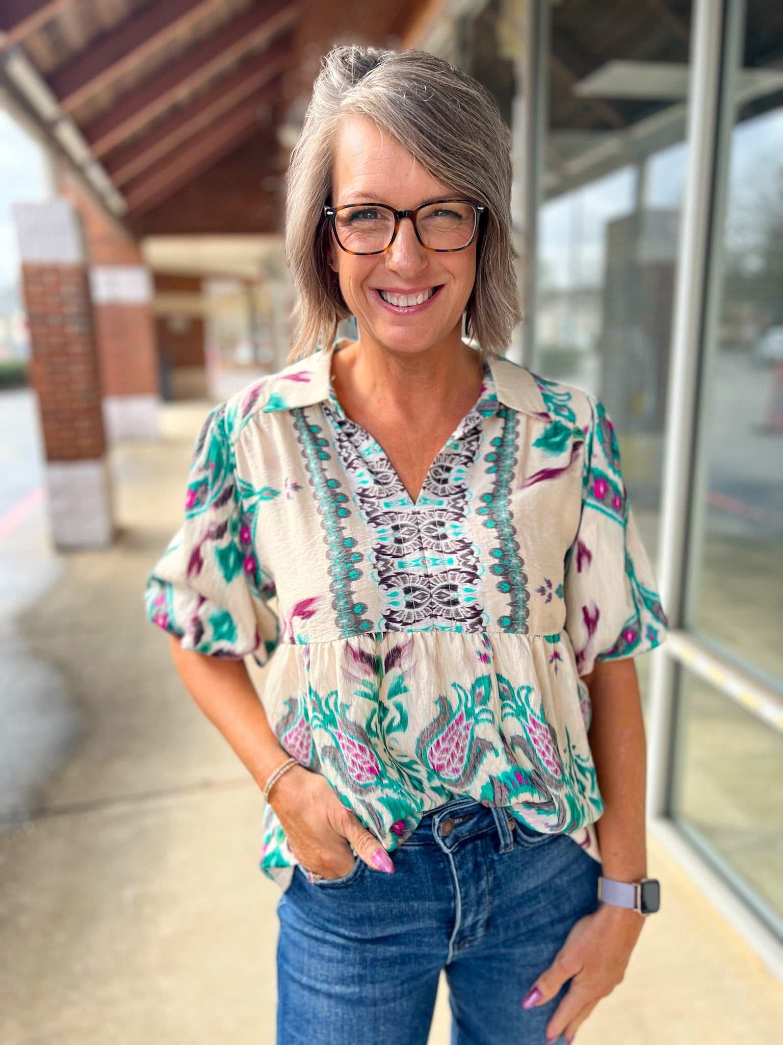 Teal Mix V - Neck Top with Short Puff Sleeves and Contrast Panel - A'Bekah's Boutique