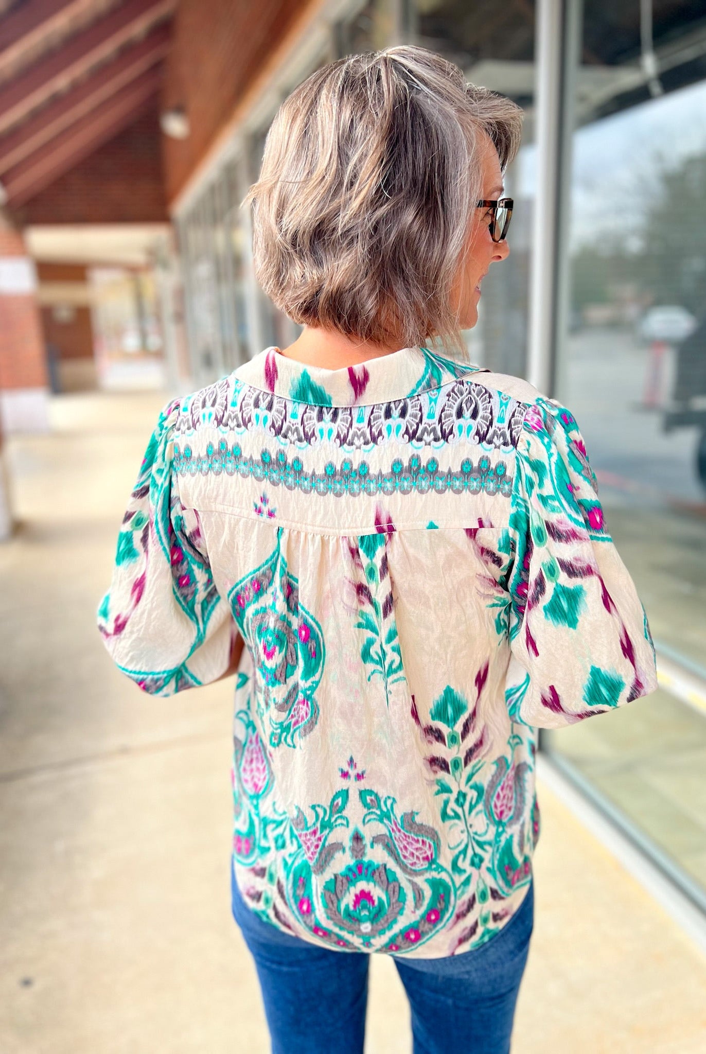 Teal Mix V - Neck Top with Short Puff Sleeves and Contrast Panel - A'Bekah's Boutique