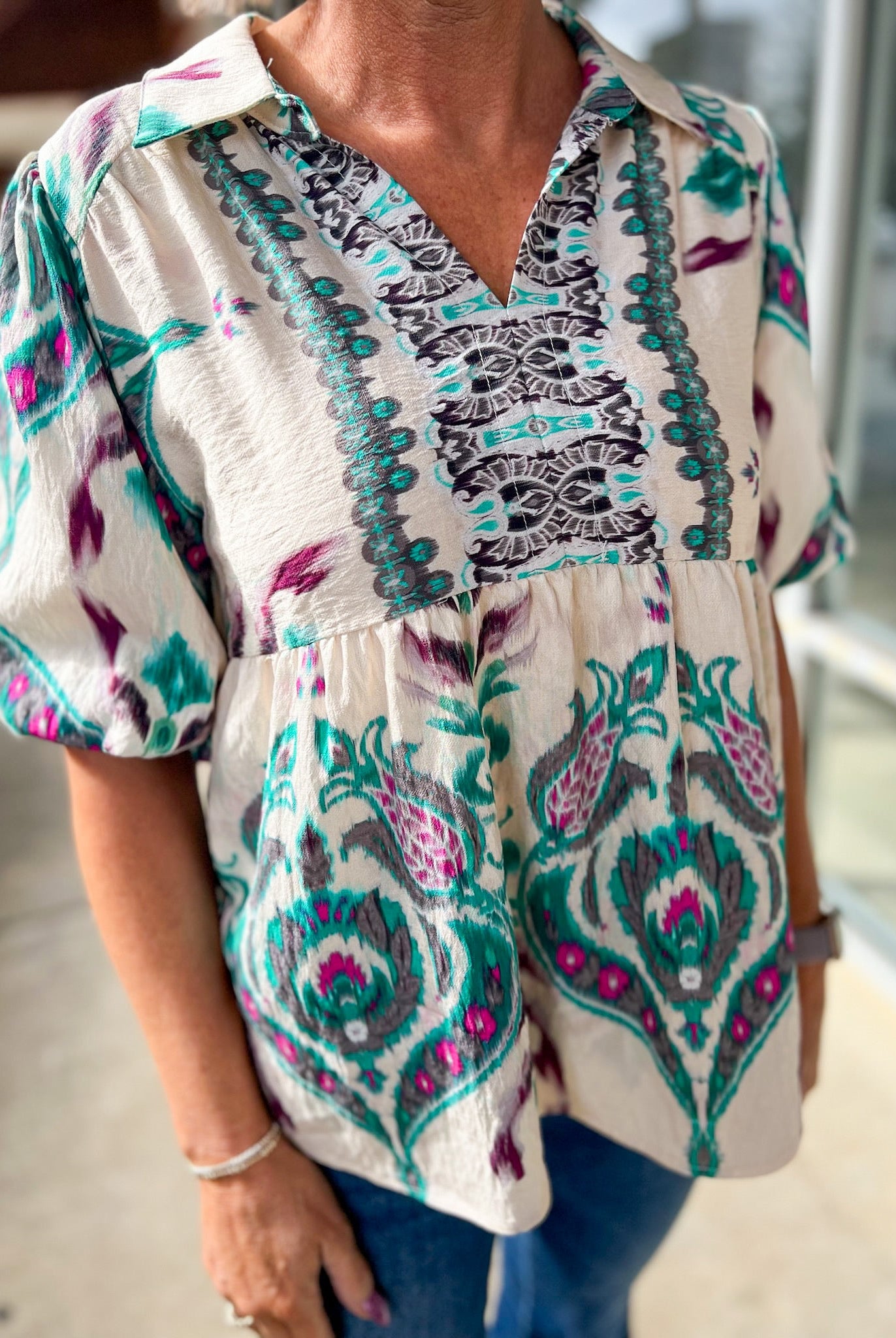 Teal Mix V - Neck Top with Short Puff Sleeves and Contrast Panel - A'Bekah's Boutique