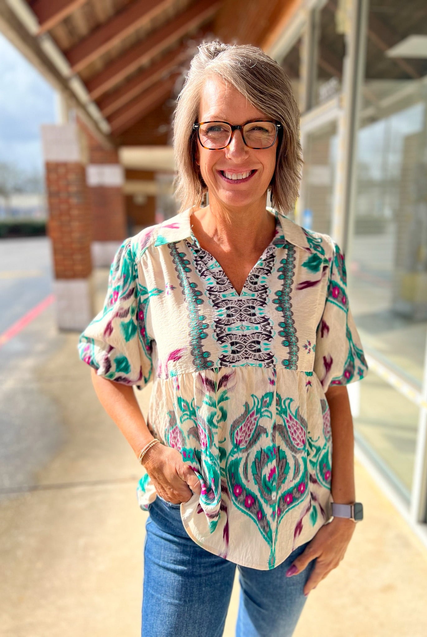 Teal Mix V - Neck Top with Short Puff Sleeves and Contrast Panel - A'Bekah's Boutique
