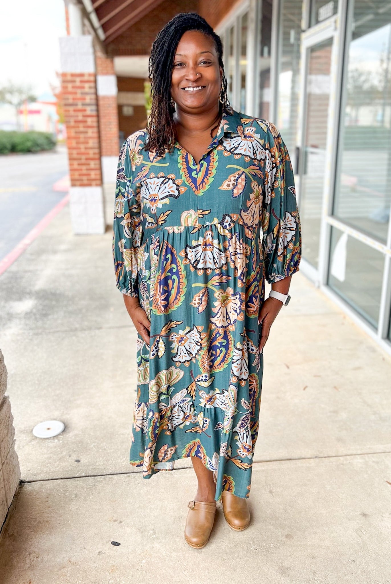 Teal Paisley Print V - Neck Tiered 3/4 Sleeve Midi Dress (C) - A'Bekah's Boutique