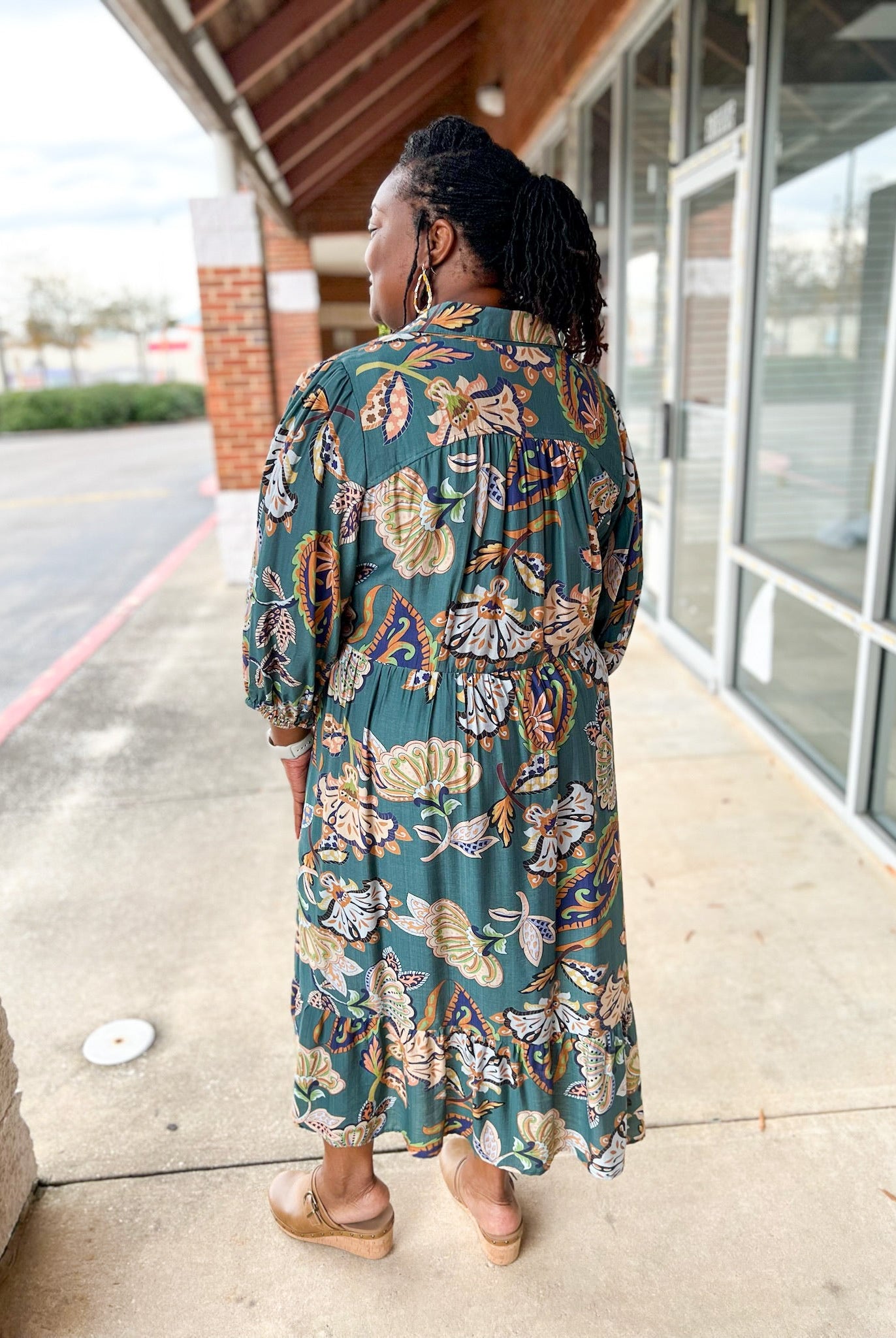 Teal Paisley Print V - Neck Tiered 3/4 Sleeve Midi Dress (C) - A'Bekah's Boutique