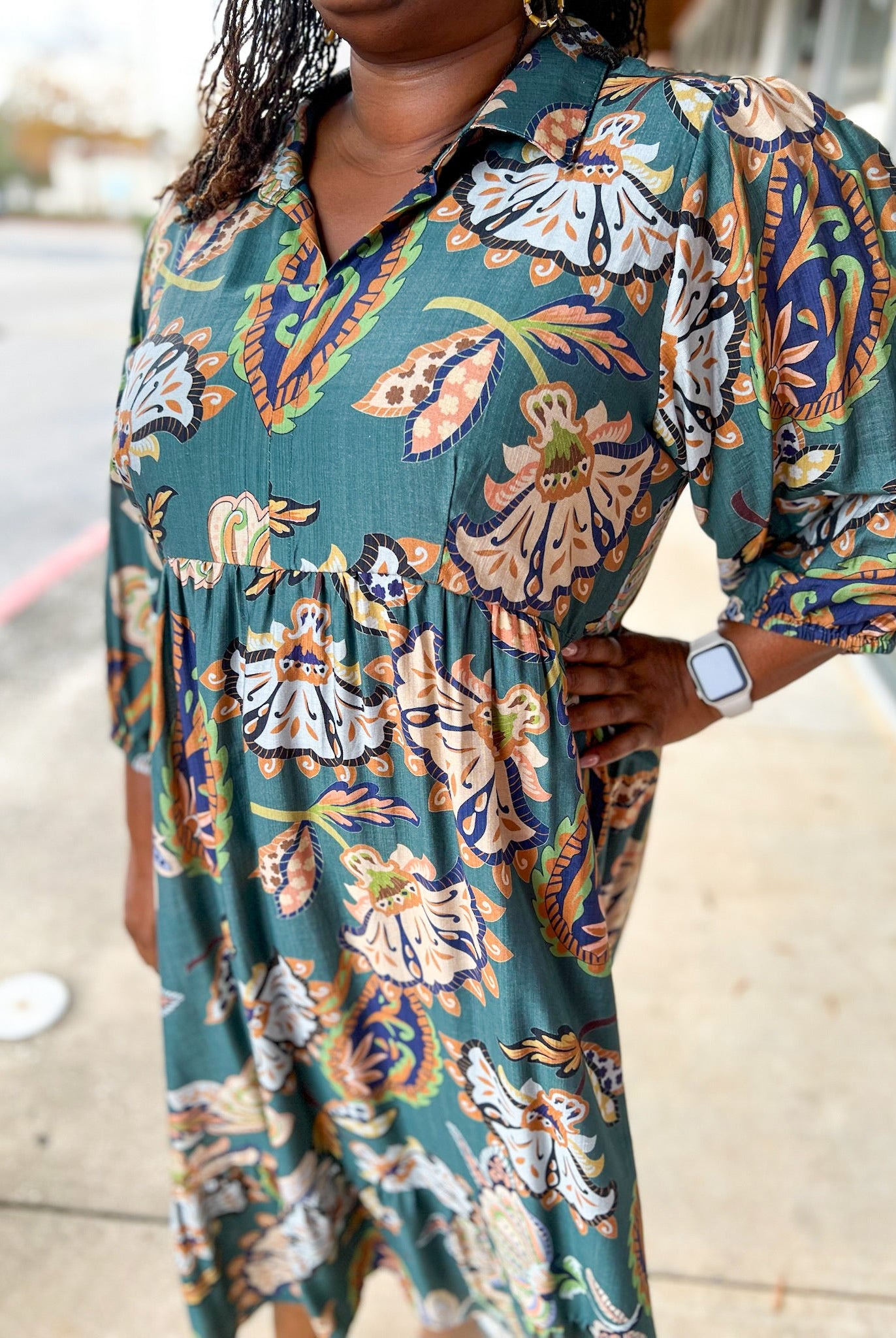 Teal Paisley Print V - Neck Tiered 3/4 Sleeve Midi Dress (C) - A'Bekah's Boutique