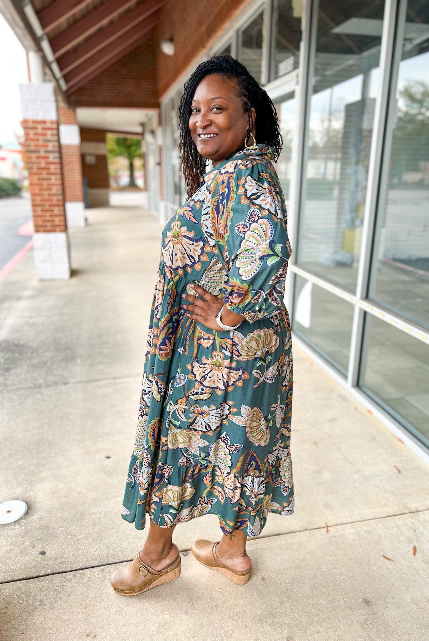 Teal Paisley Print V - Neck Tiered 3/4 Sleeve Midi Dress (C) - A'Bekah's Boutique