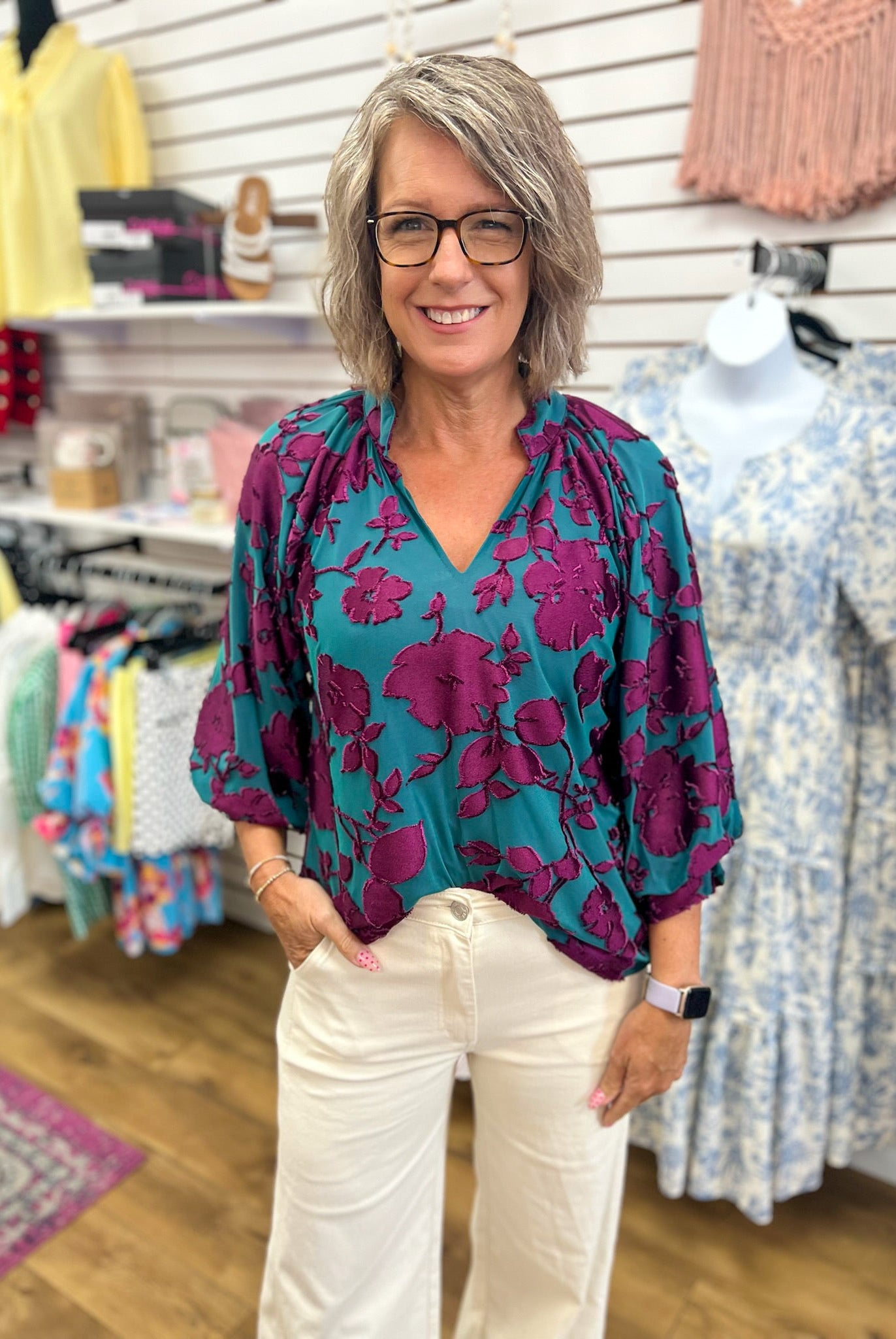 Teal Textured Floral V-Neck Top with 3/4 Balloon Sleeves - A'Bekah's Boutique