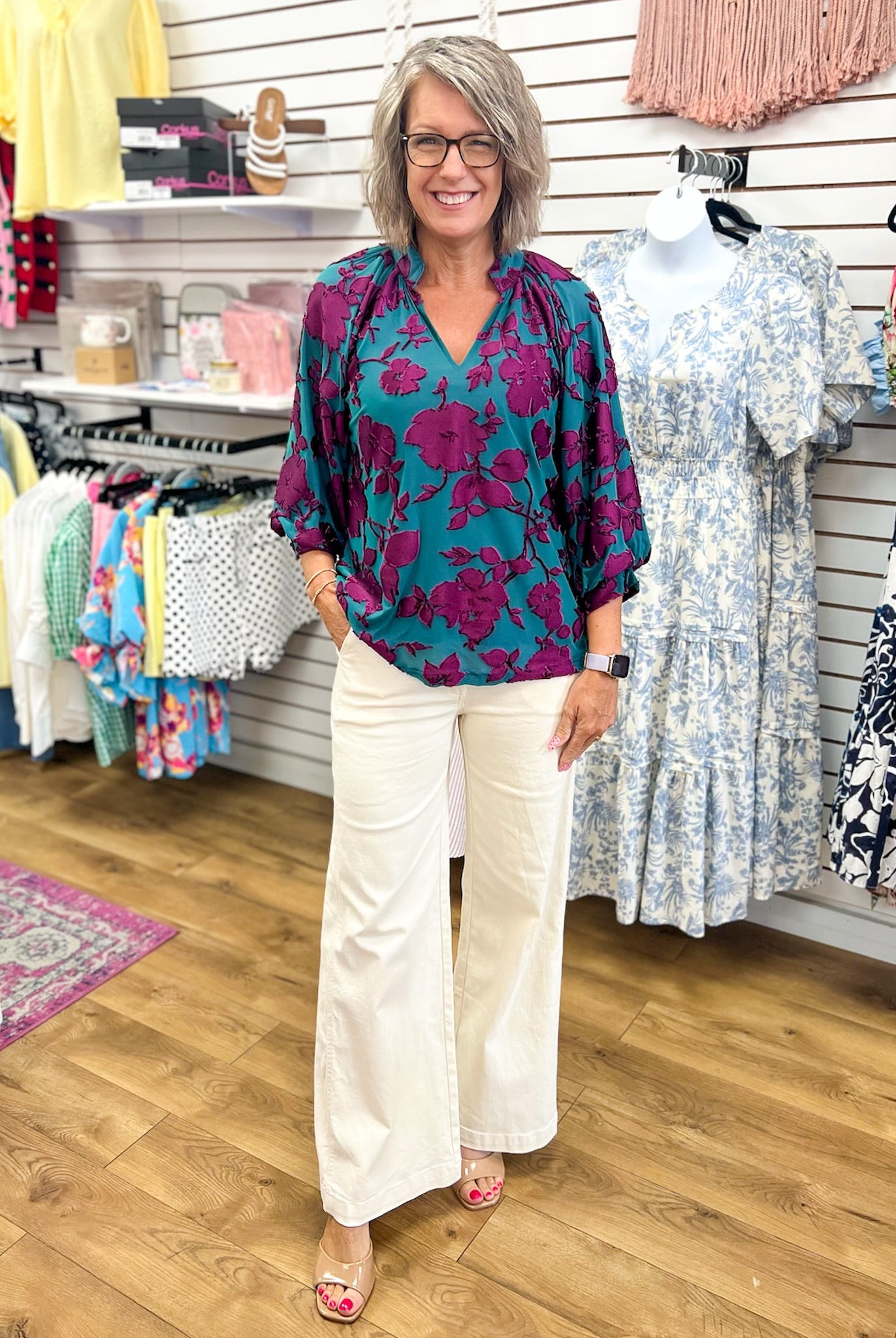 Teal Textured Floral V-Neck Top with 3/4 Balloon Sleeves - A'Bekah's Boutique