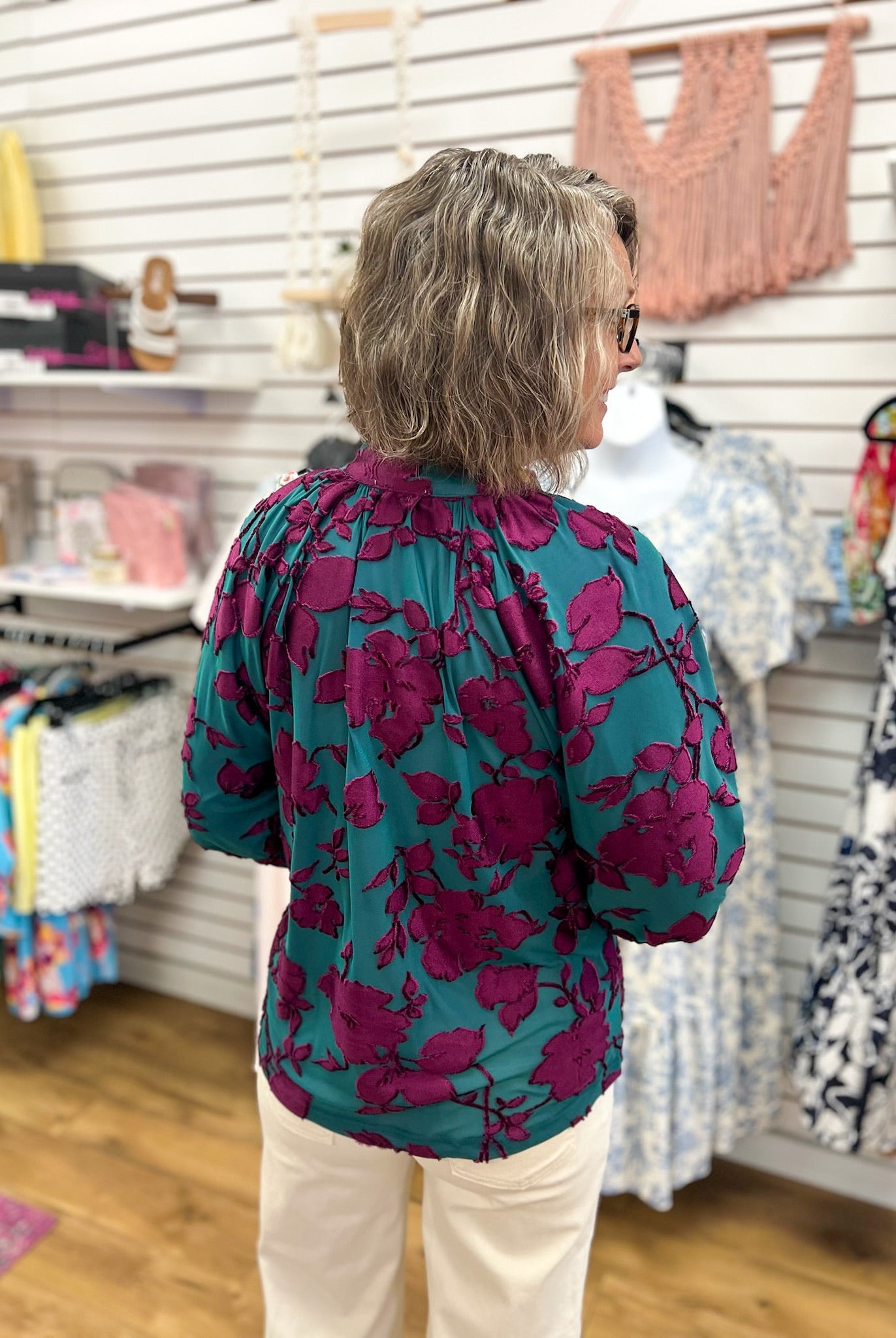 Teal Textured Floral V-Neck Top with 3/4 Balloon Sleeves - A'Bekah's Boutique