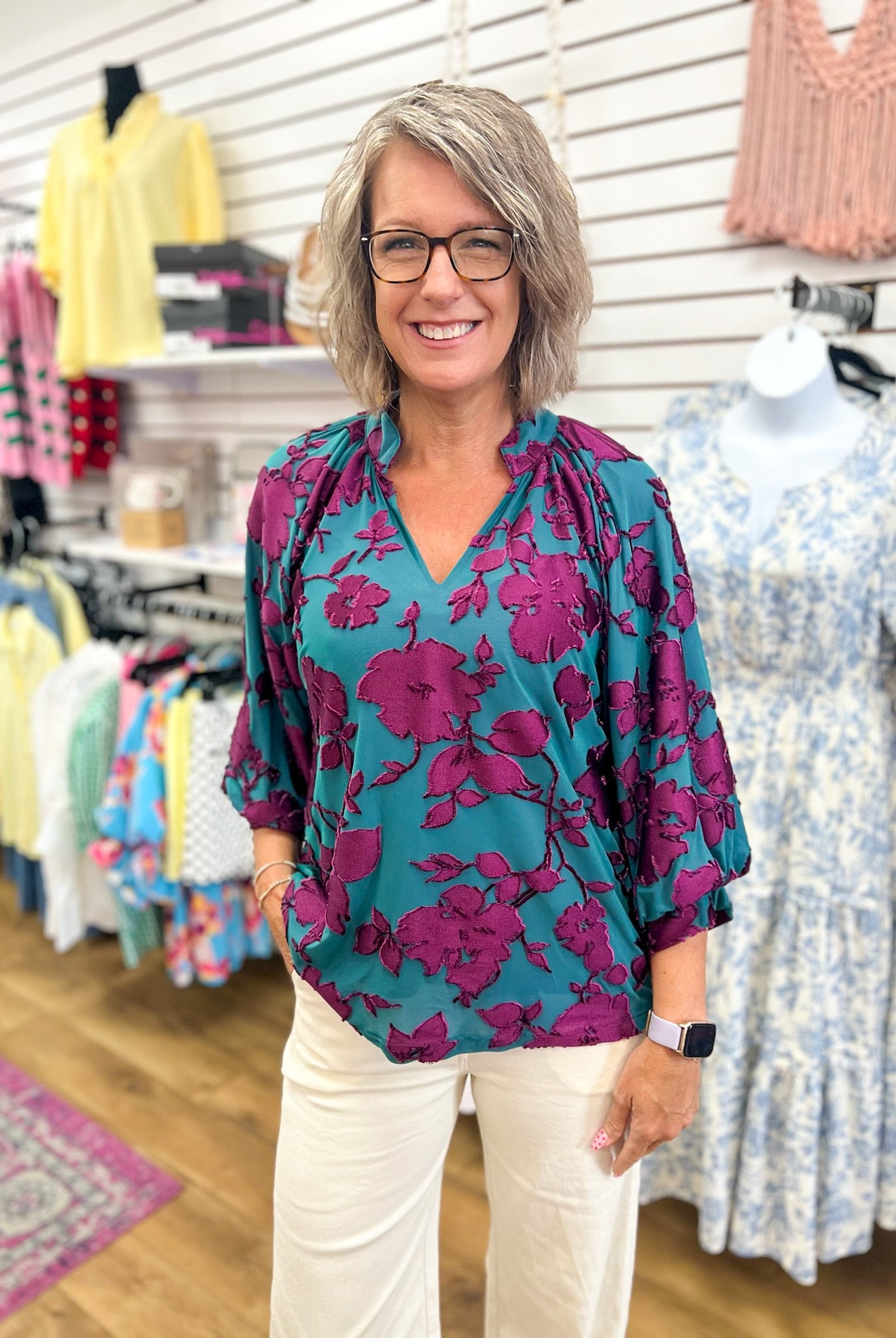 Teal Textured Floral V-Neck Top with 3/4 Balloon Sleeves - A'Bekah's Boutique