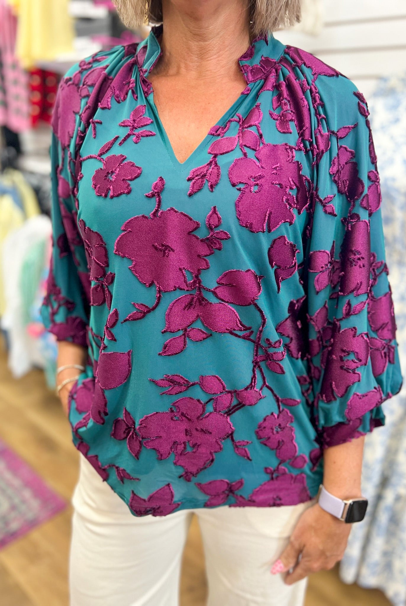 Teal Textured Floral V-Neck Top with 3/4 Balloon Sleeves - A'Bekah's Boutique