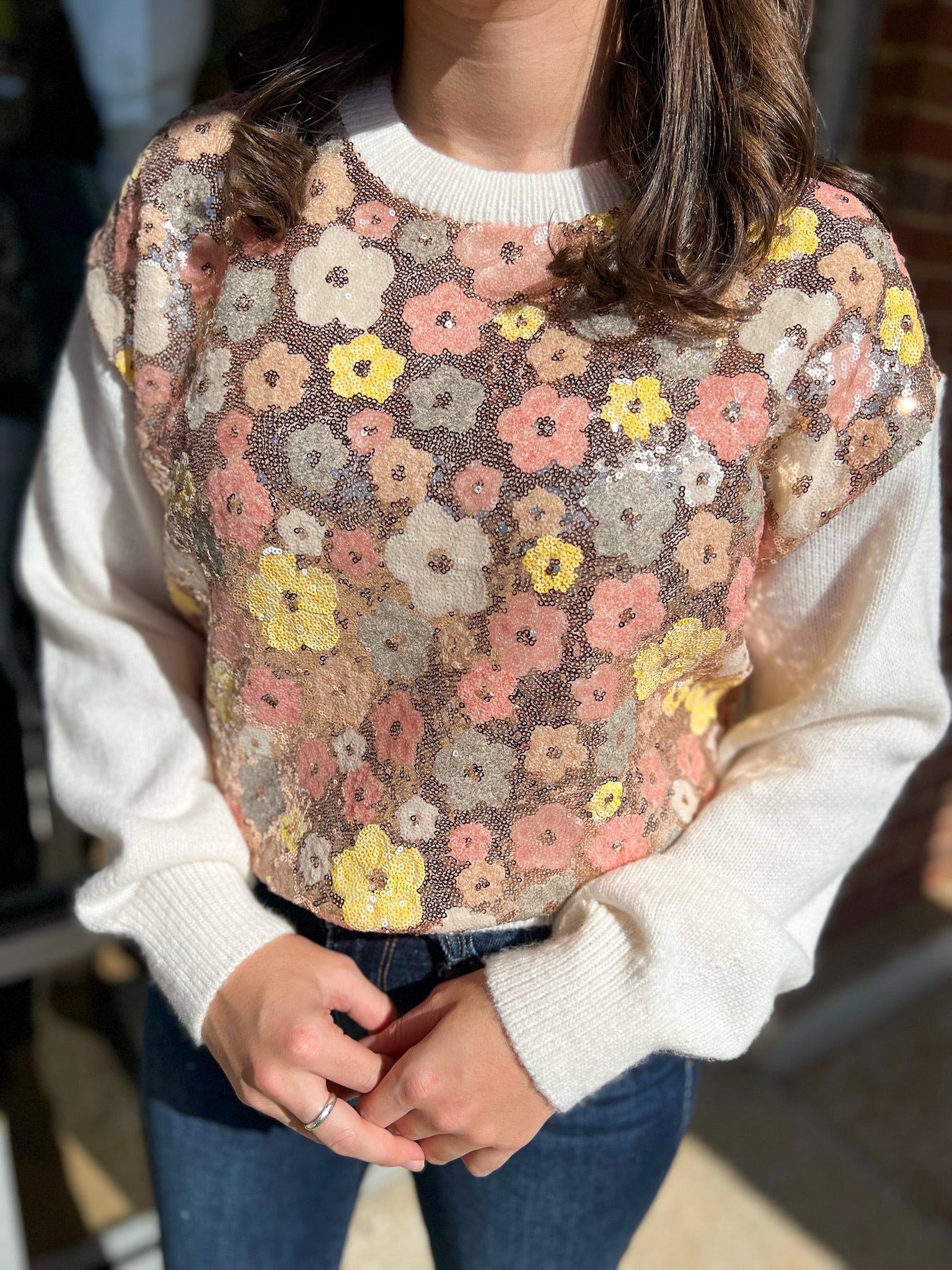 Thoughts Of You Cream Floral Motif Sequin Long Sleeve Sweater - A'Bekah's Boutique