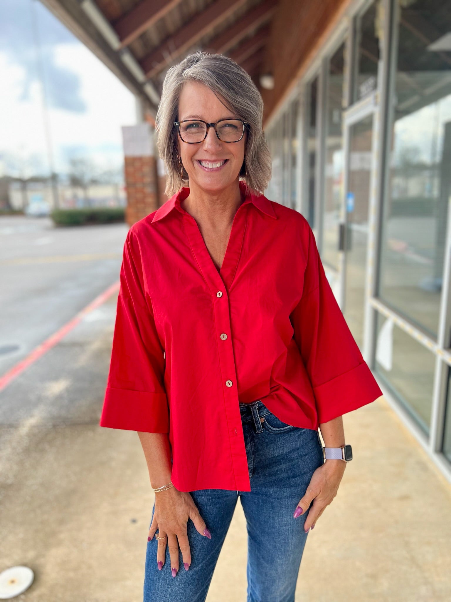 Tomato Red Button Up Top with 3/4 Length Sleeves - A'Bekah's Boutique