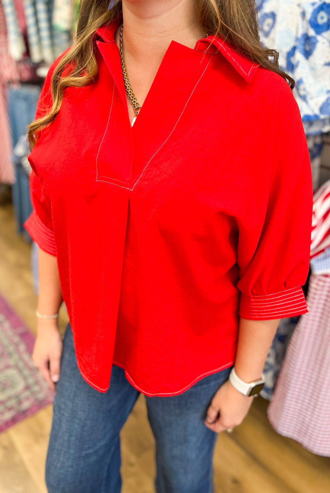 Tomato Red V-Neck Short Sleeve Top - A'Bekah's Boutique