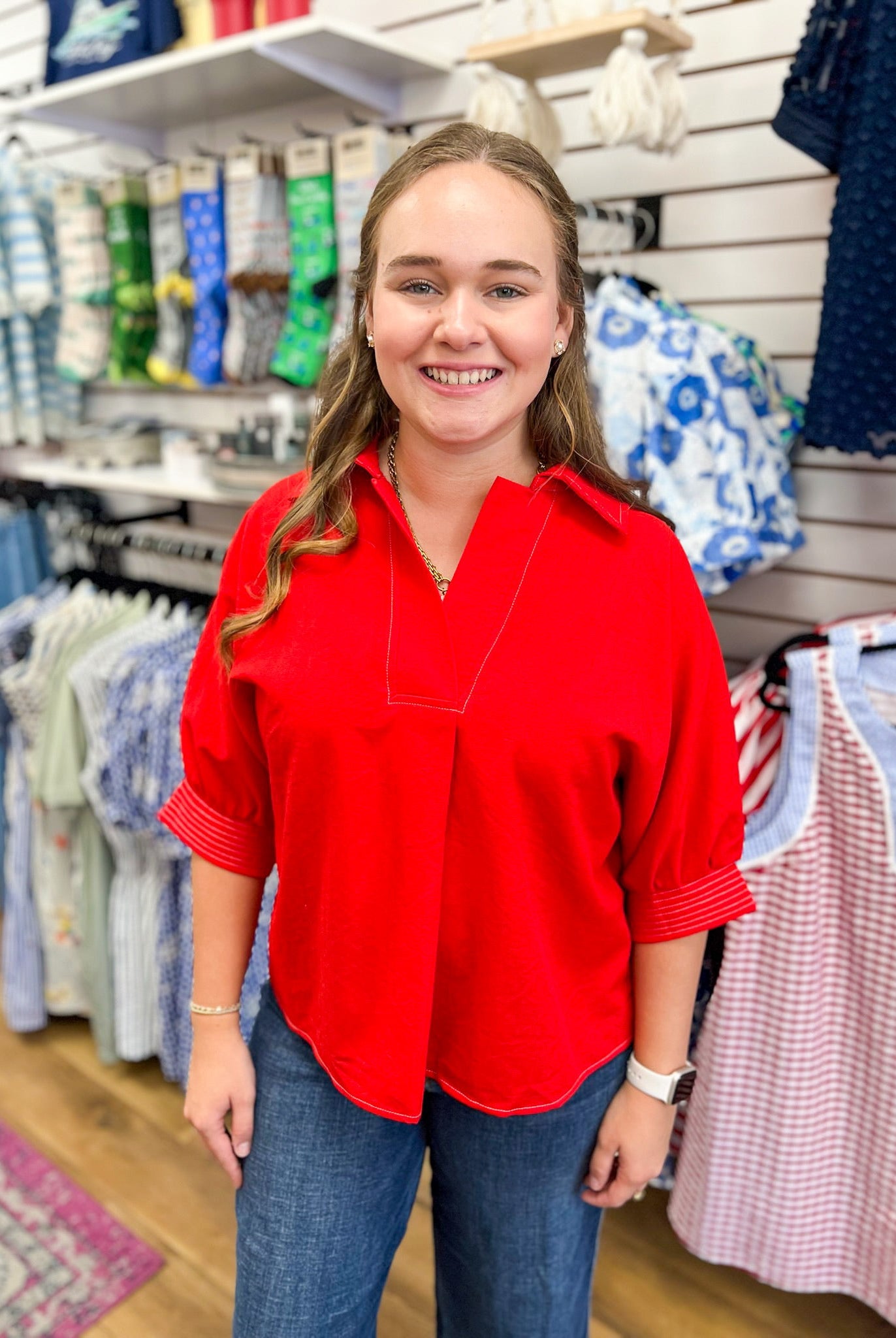 Tomato Red V-Neck Short Sleeve Top - A'Bekah's Boutique