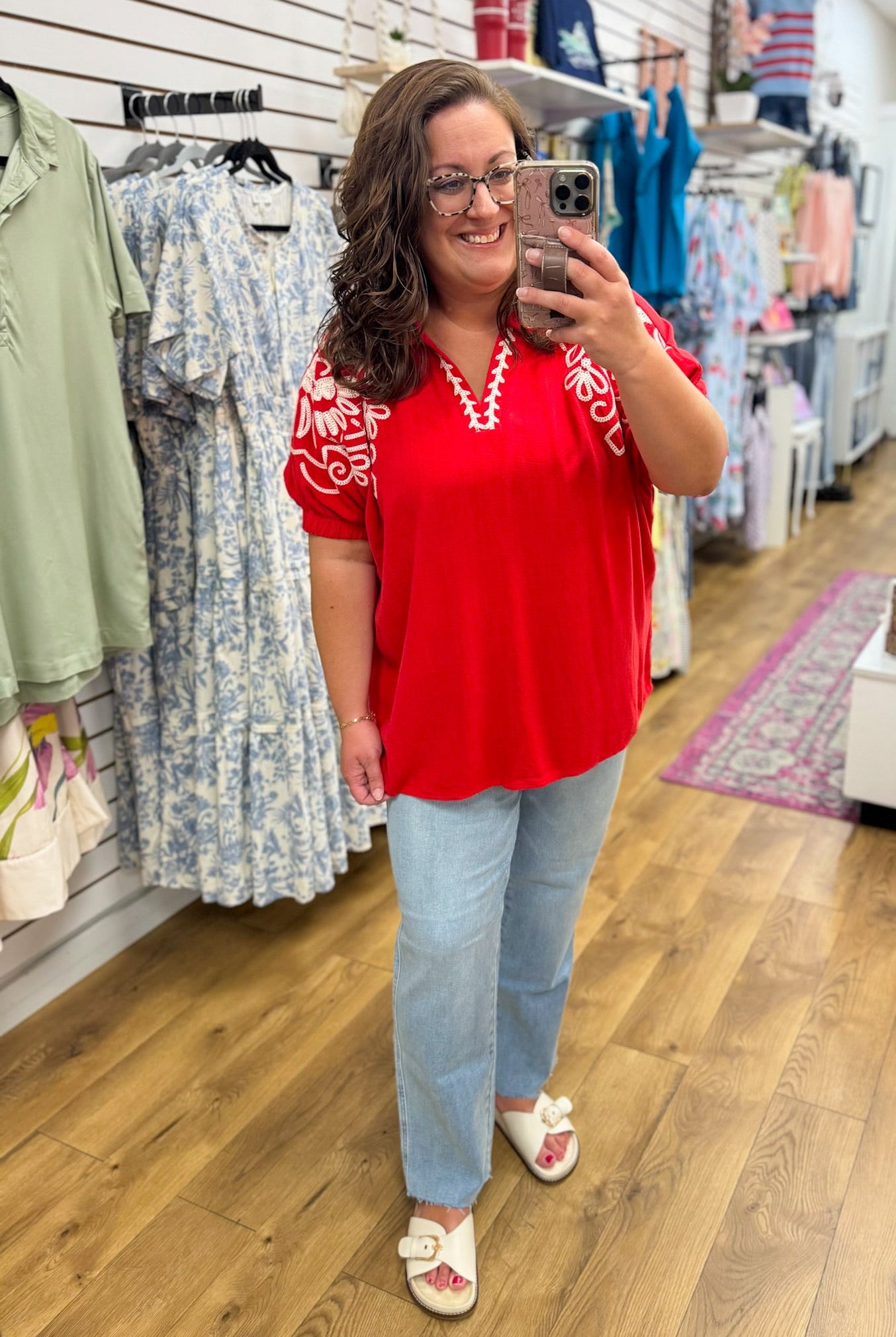 Tomato Red V-Neck Top with Embroidery Details - A'Bekah's Boutique
