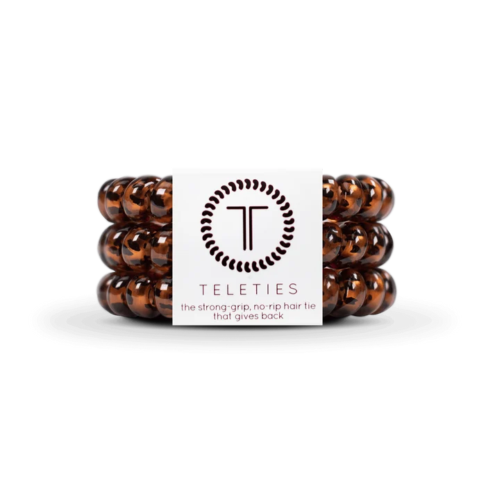 Teleties tortoise brown spiral hair ties set of 3 with branded label