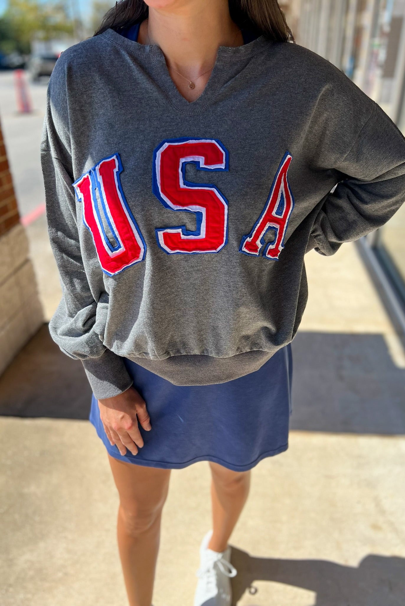 USA Patch Logo Heather Charcoal Long Sleeve Sweatshirt - A'Bekah's Boutique