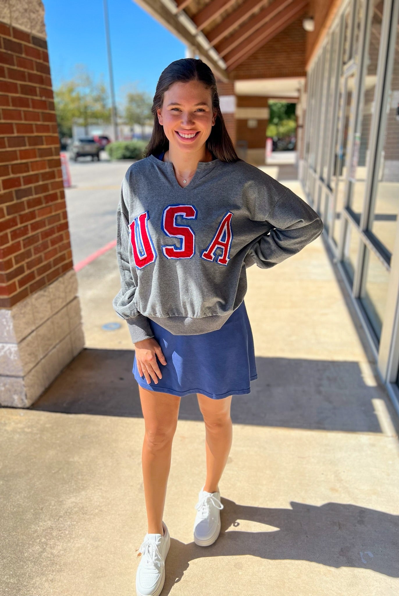 USA Patch Logo Heather Charcoal Long Sleeve Sweatshirt - A'Bekah's Boutique