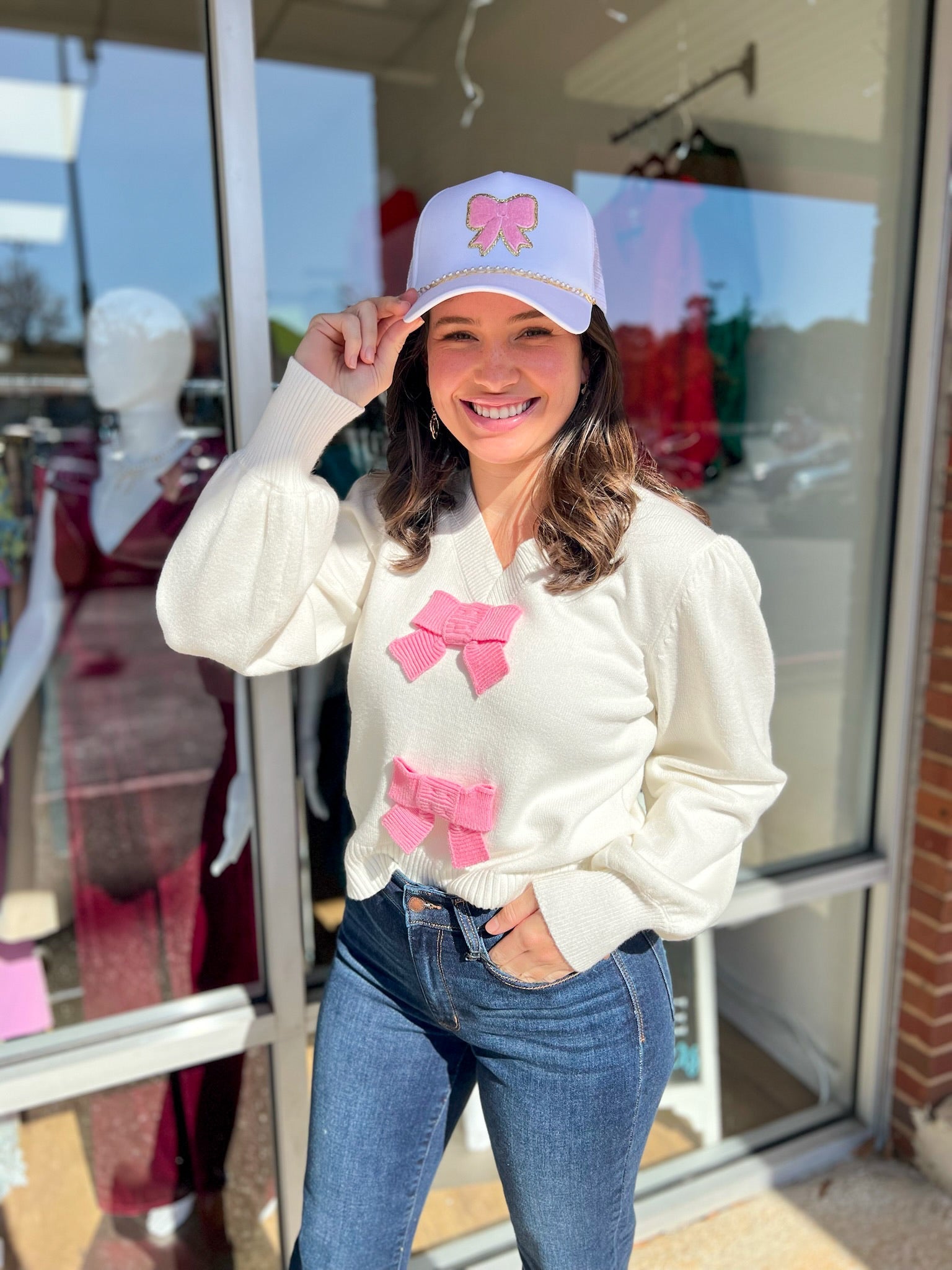 What A Surprise Cream Long Sleeve Sweater with Pink Bow Details - A'Bekah's Boutique