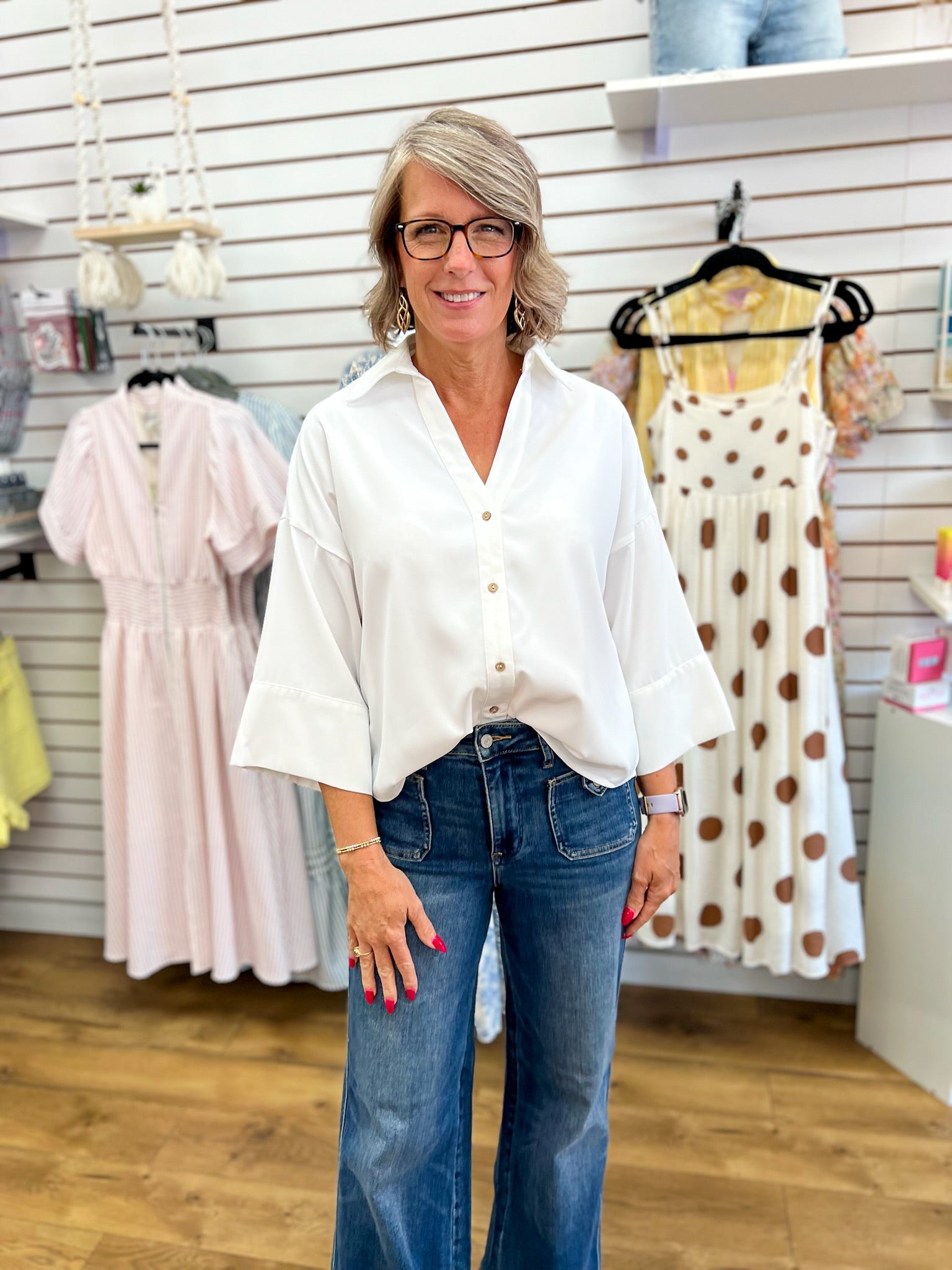 White Button Down Top with Wide Dolman Sleeves - A'Bekah's Boutique