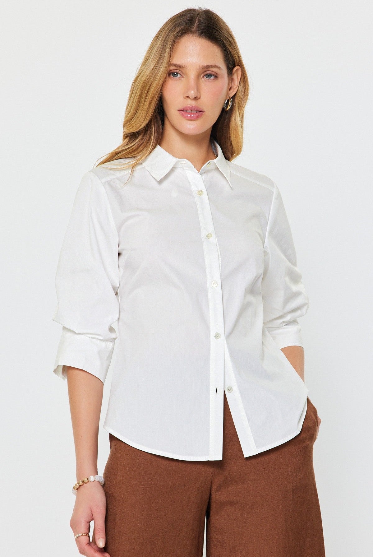 White Button Up Top with 3/4 Ruched Sleeves - A'Bekah's Boutique