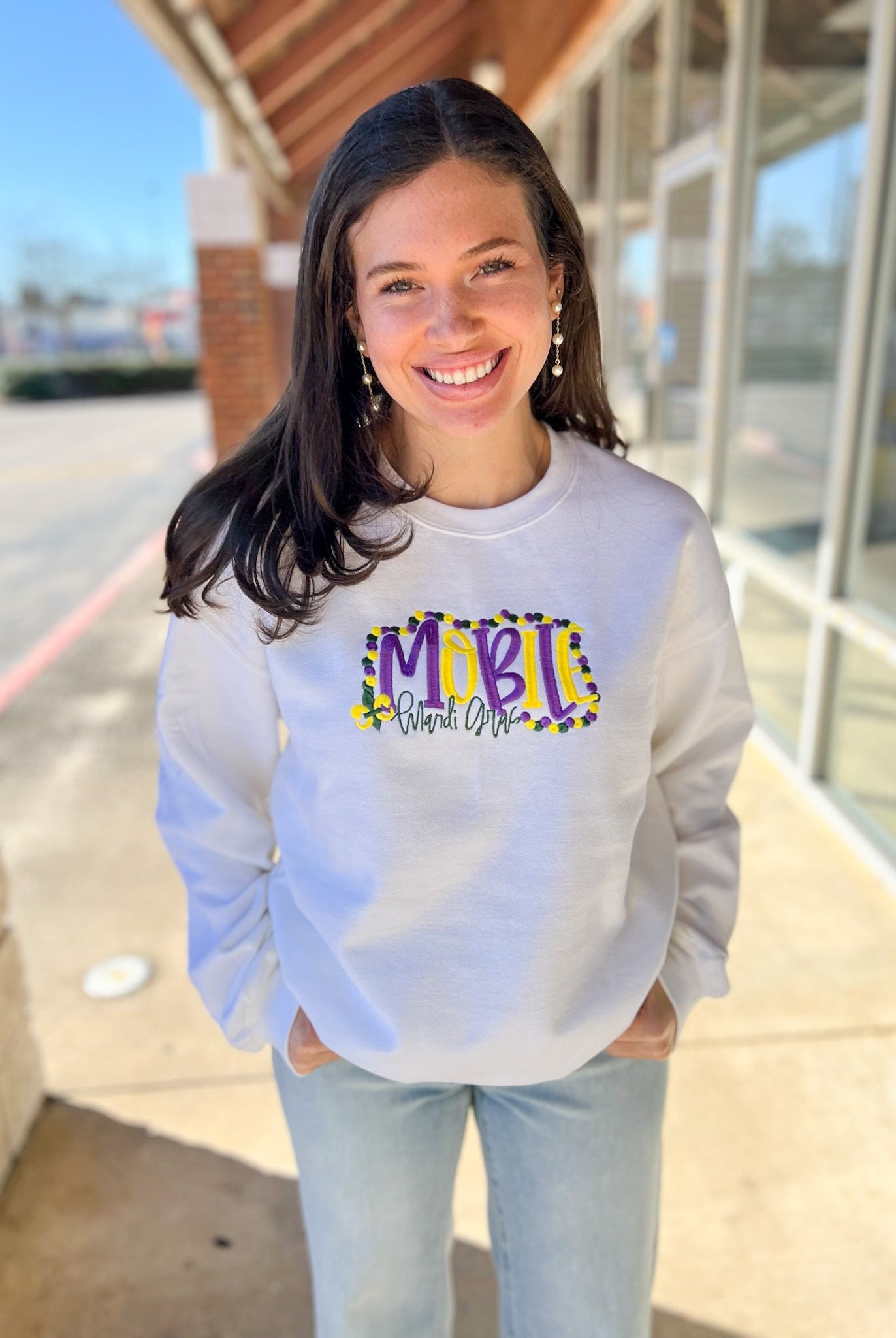 White Mobile Mardi Gras Embroidered Sweatshirt - A'Bekah's Boutique