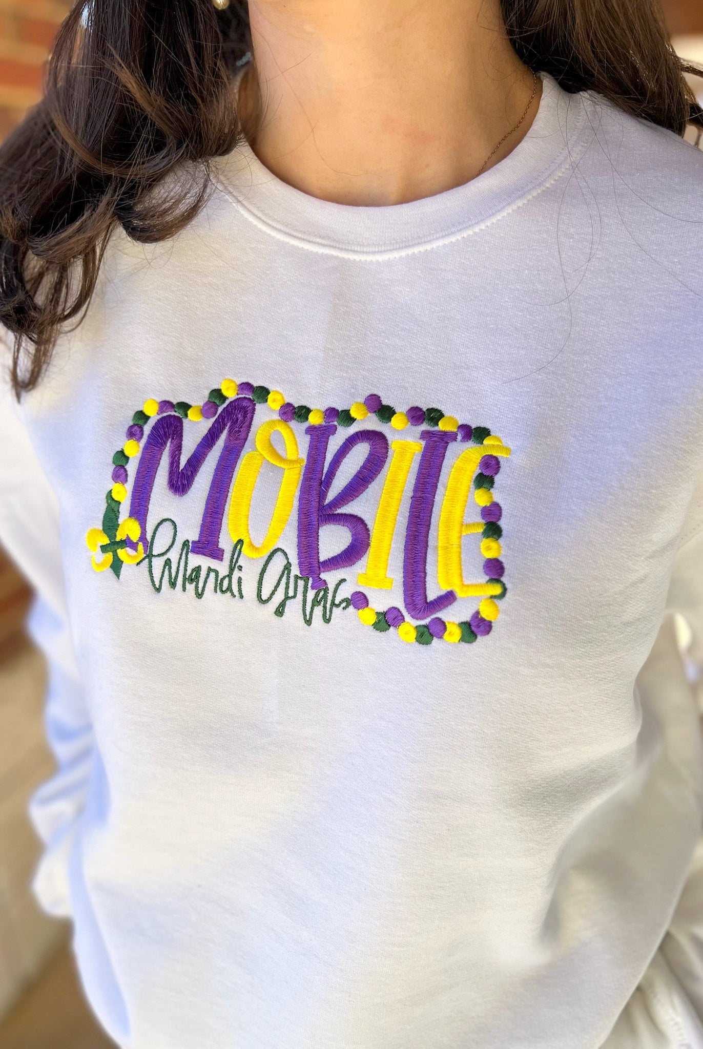 White Mobile Mardi Gras Embroidered Sweatshirt - A'Bekah's Boutique