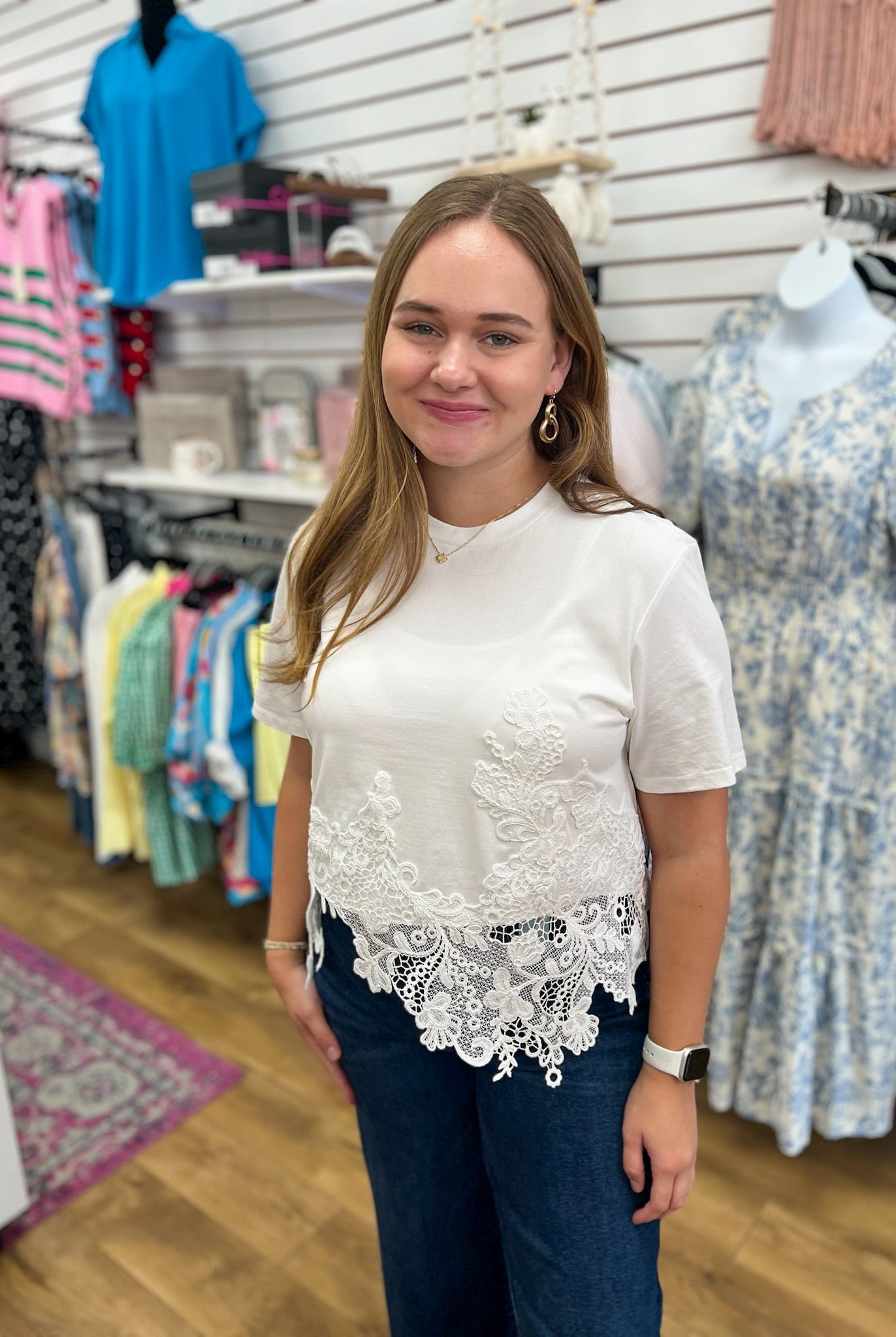 White Short Sleeve Cotton Top with Asymmetric Lace Hem - A'Bekah's Boutique