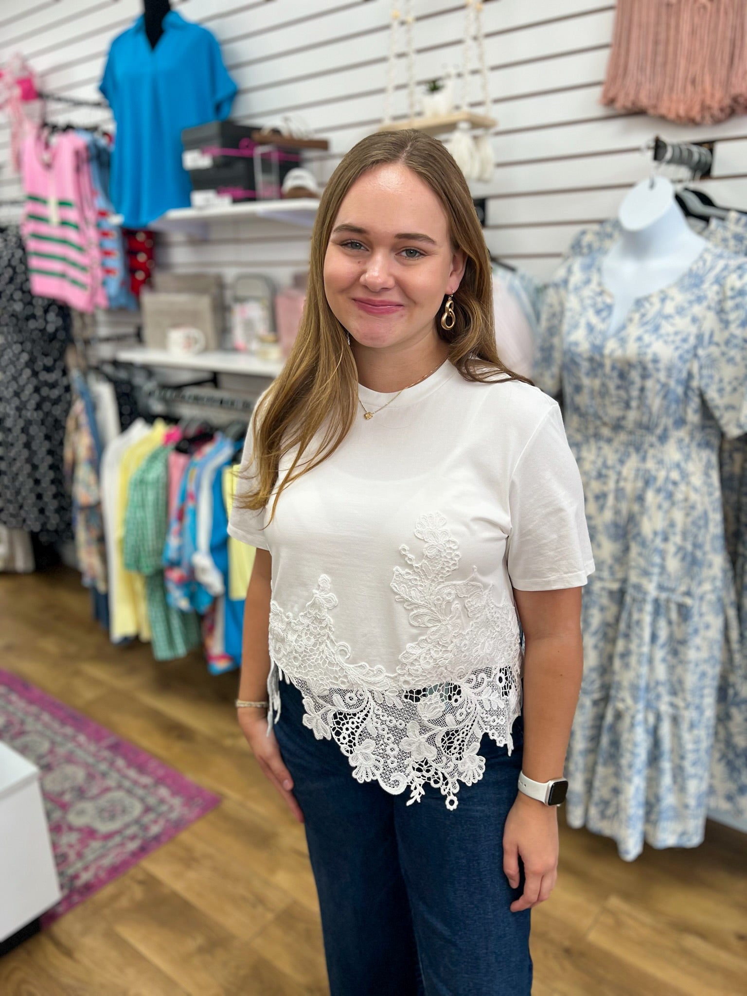 White Short Sleeve Cotton Top with Asymmetric Lace Hem - A'Bekah's Boutique