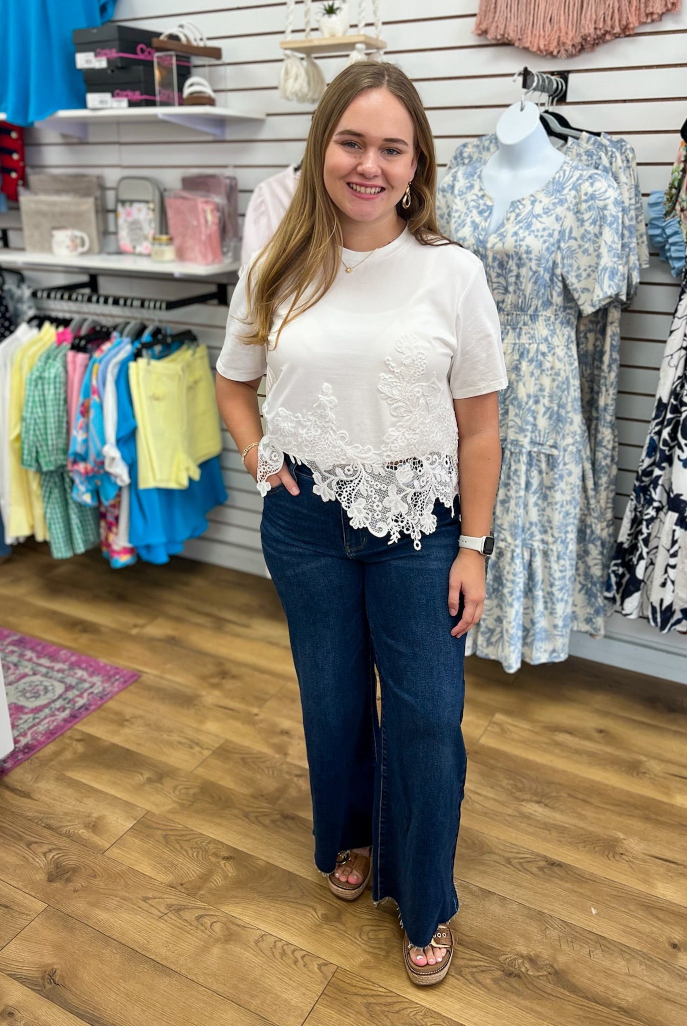 White Short Sleeve Cotton Top with Asymmetric Lace Hem - A'Bekah's Boutique