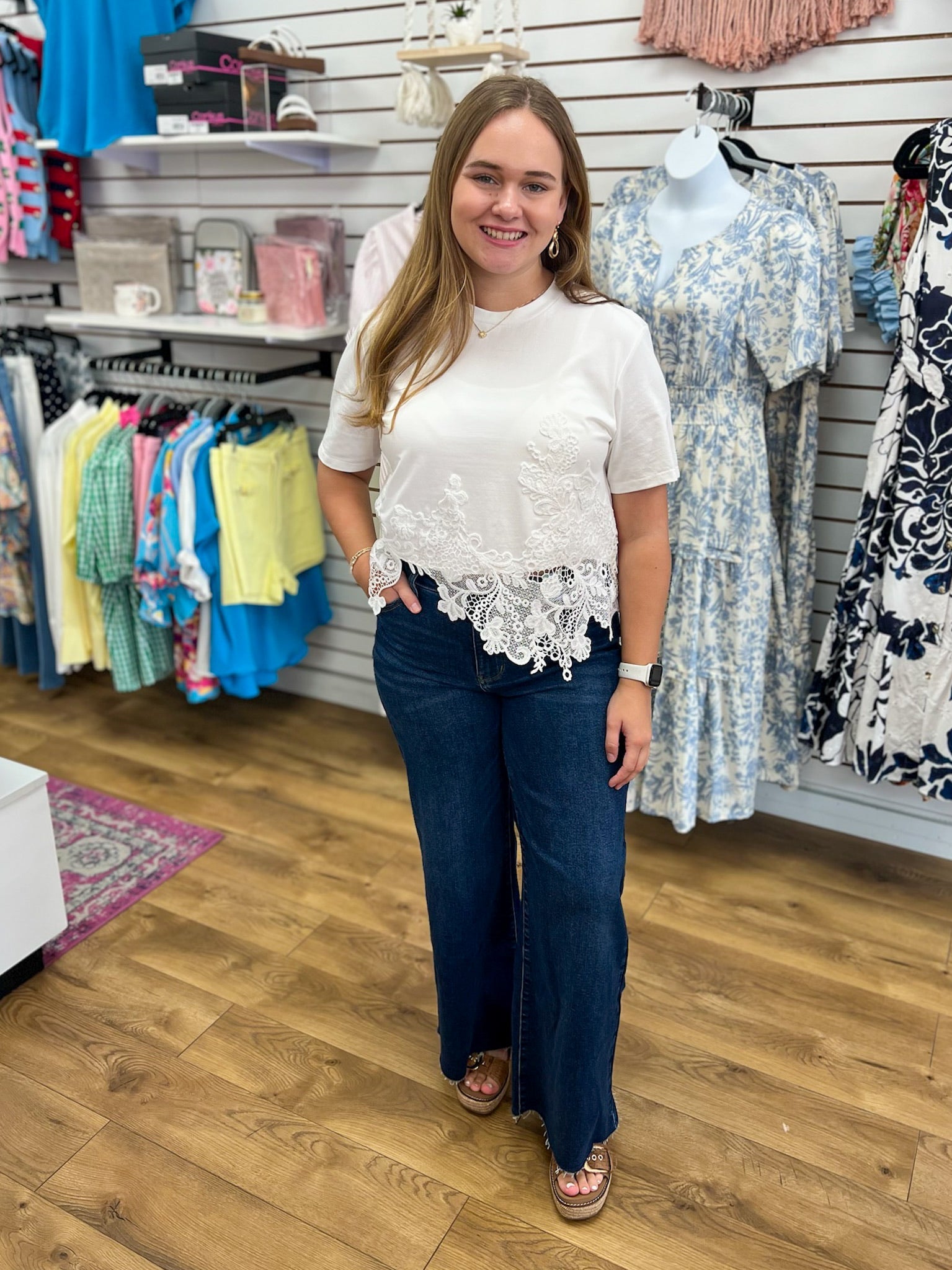 White Short Sleeve Cotton Top with Asymmetric Lace Hem - A'Bekah's Boutique