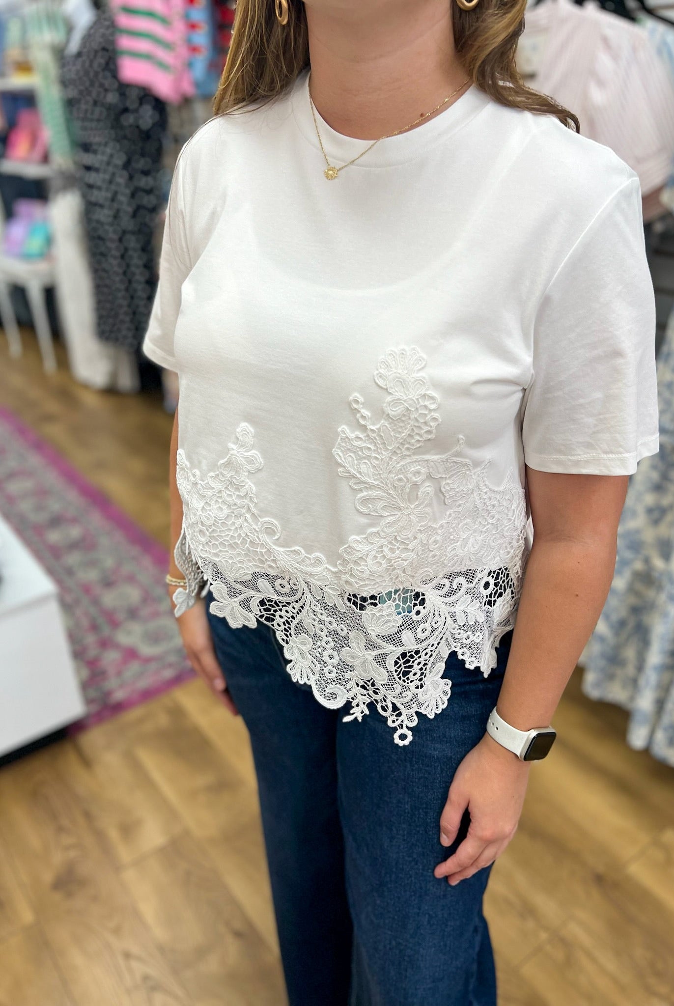 White Short Sleeve Cotton Top with Asymmetric Lace Hem - A'Bekah's Boutique