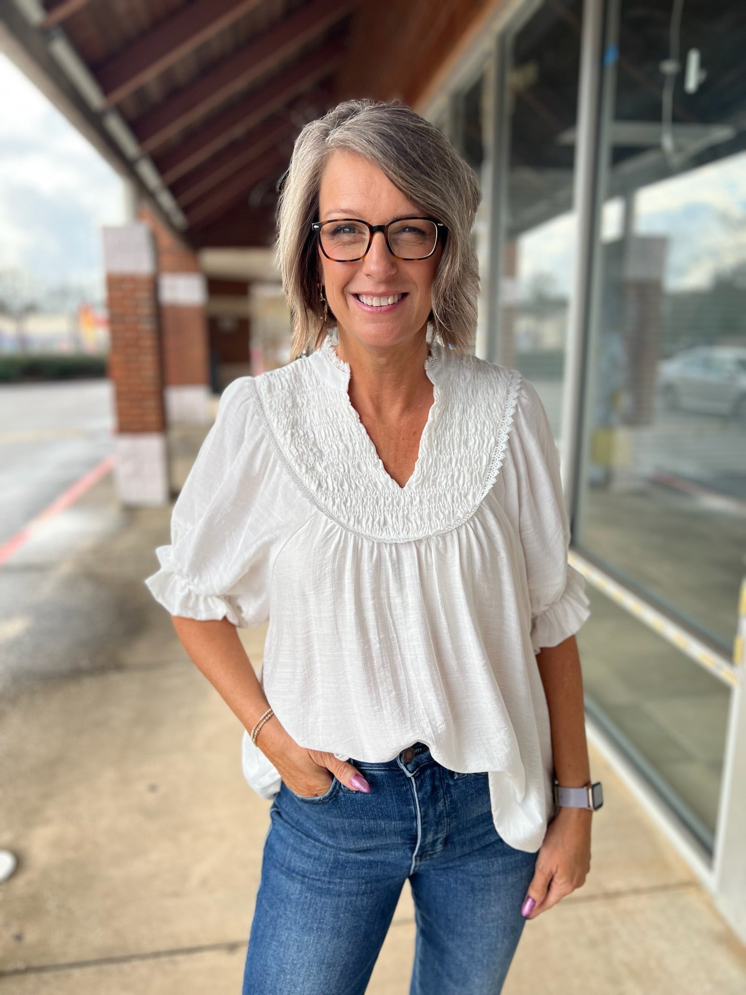 White Top with Elbow Length Sleeves and Smocked V - Neck - A'Bekah's Boutique