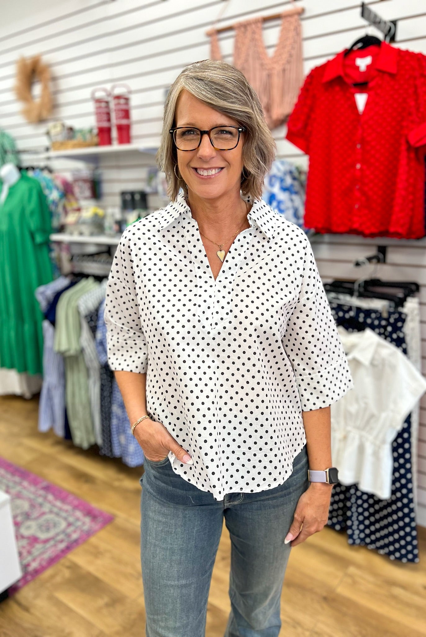 White V - Neck Top with Black Polka Dots - A'Bekah's Boutique