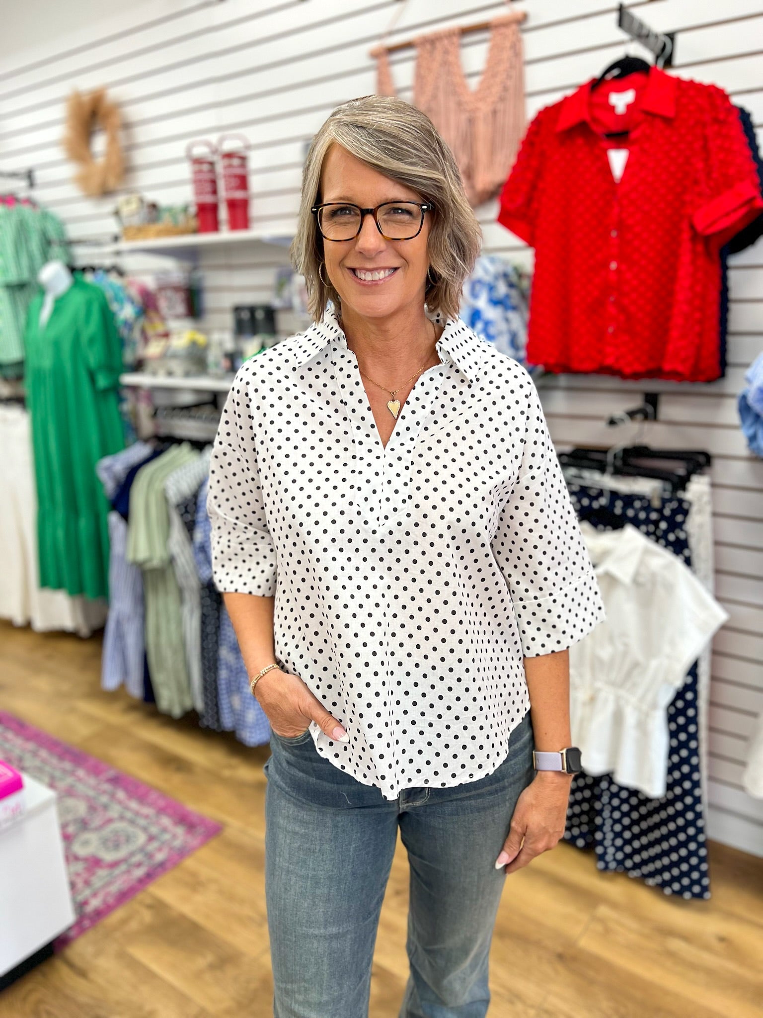 White V - Neck Top with Black Polka Dots - A'Bekah's Boutique