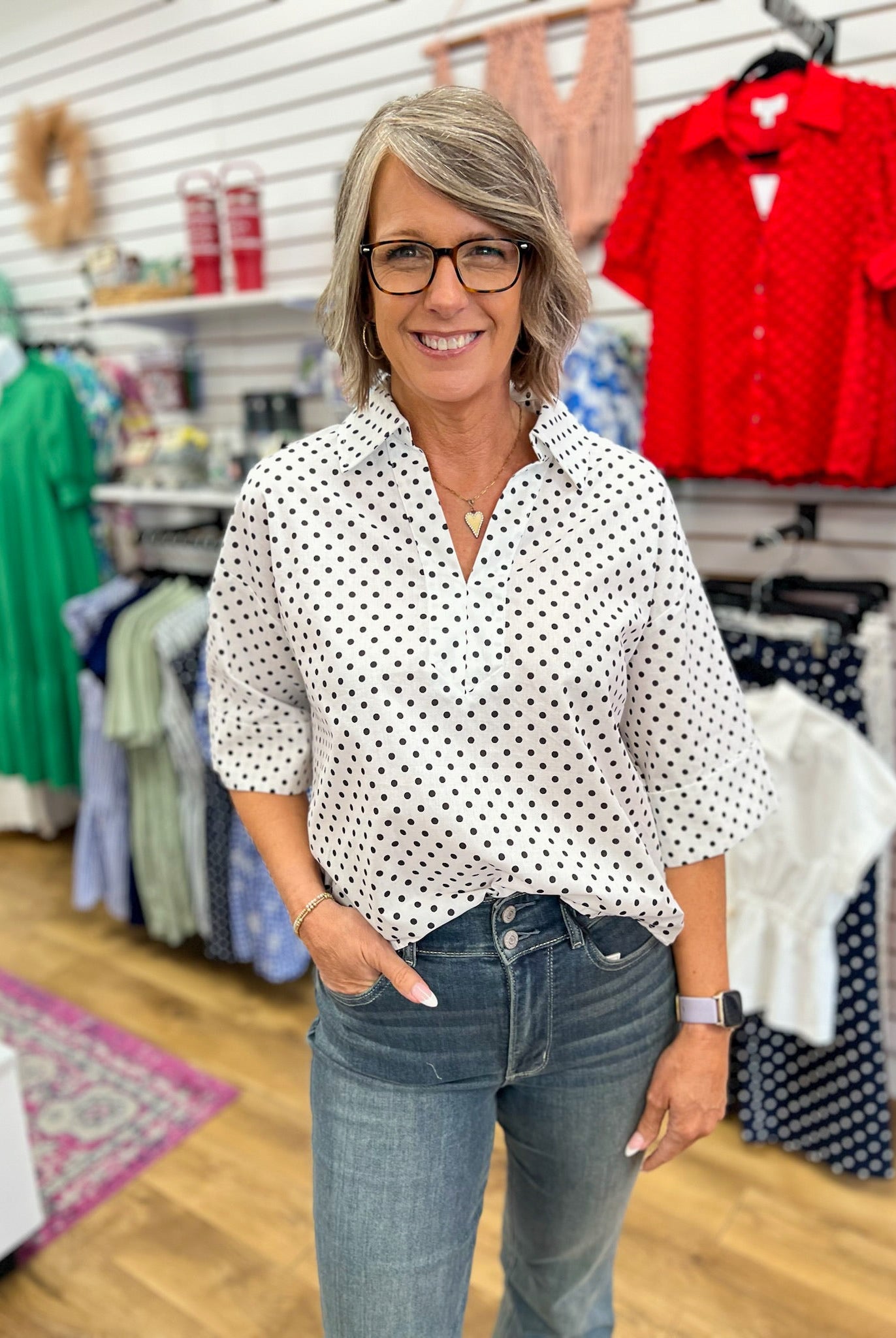 White V - Neck Top with Black Polka Dots - A'Bekah's Boutique