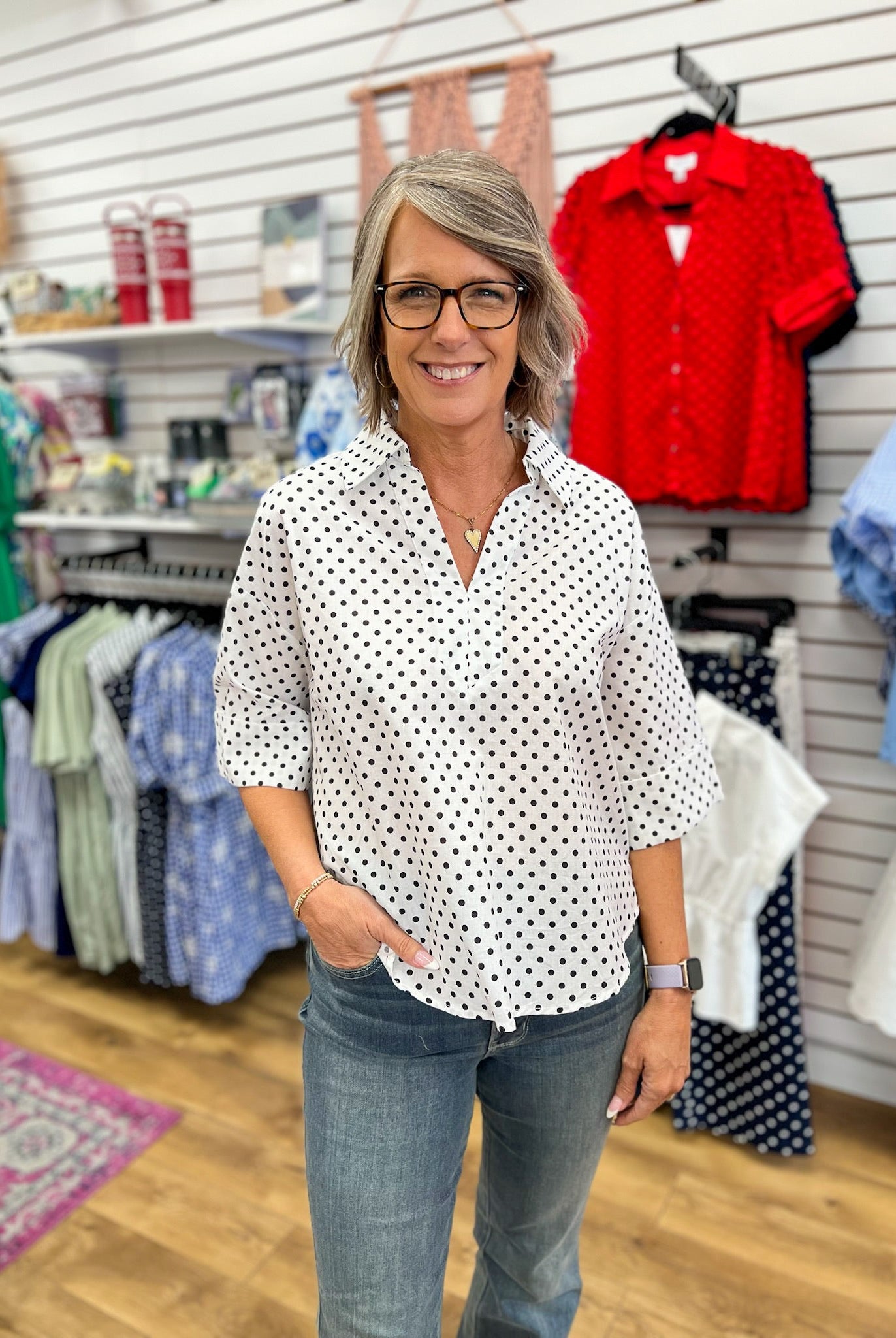 White V - Neck Top with Black Polka Dots - A'Bekah's Boutique