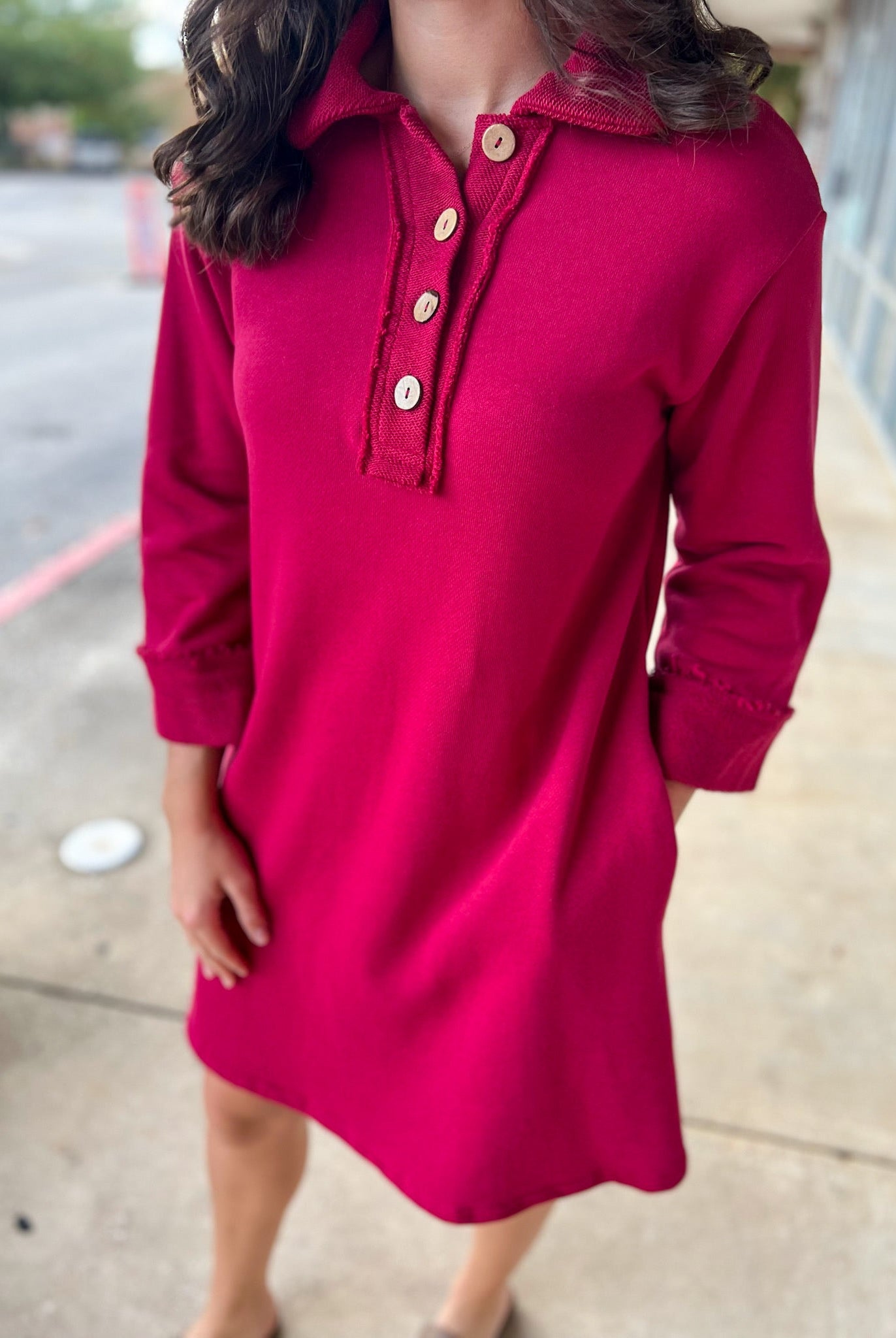 Wine 3/4 Sleeve Knit Collared Dress with Pockets - A'Bekah's Boutique