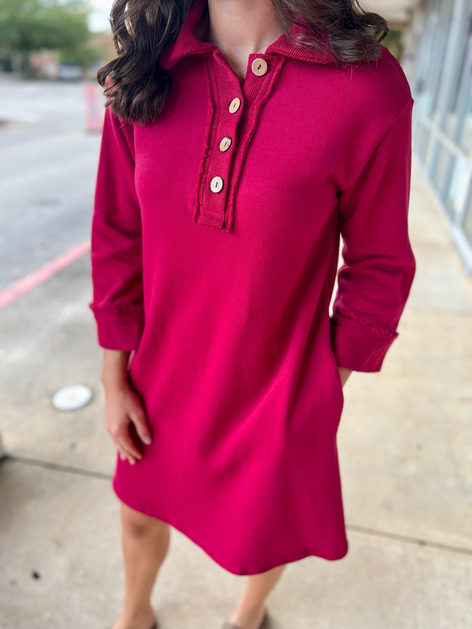 Wine 3/4 Sleeve Knit Collared Dress with Pockets - A'Bekah's Boutique
