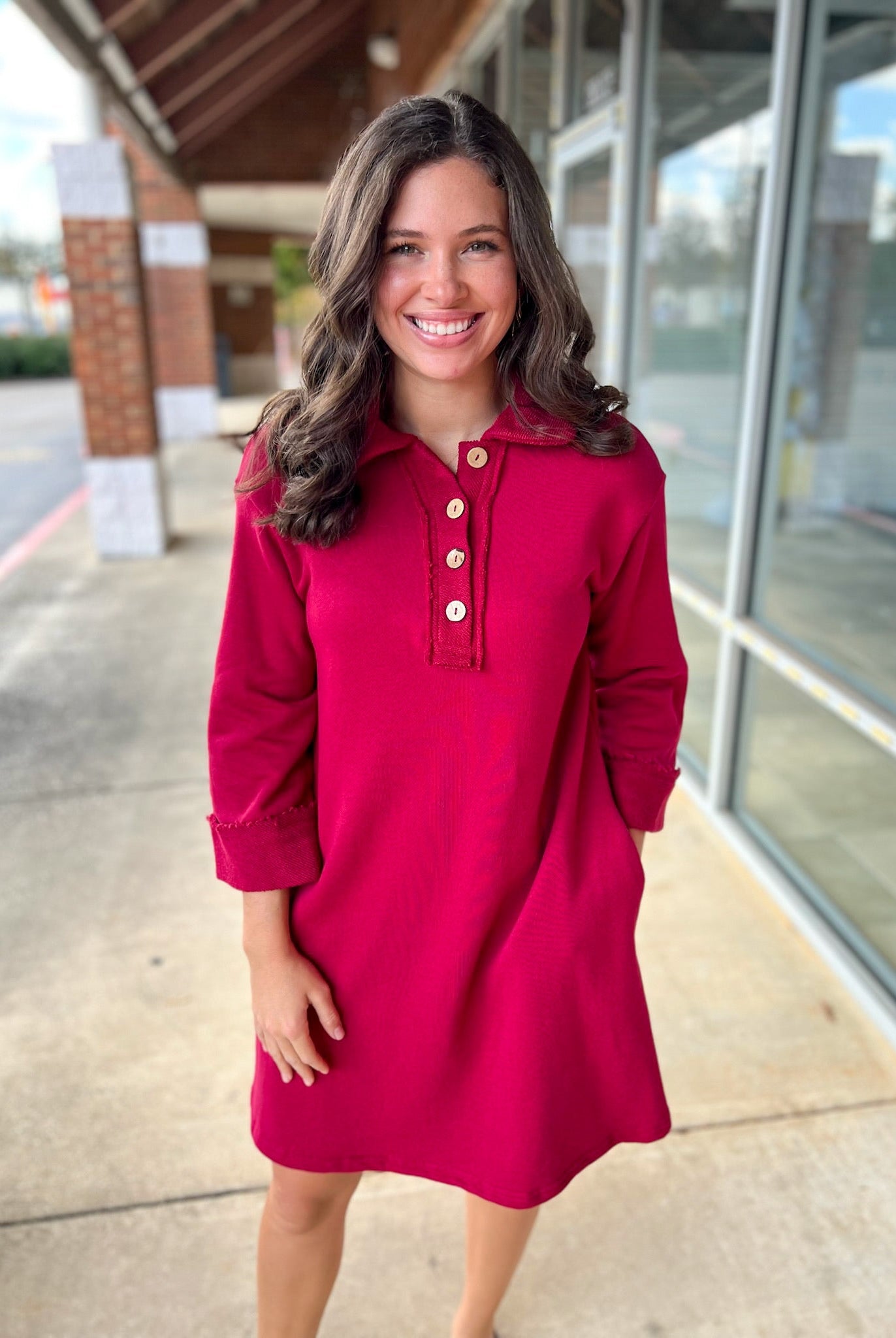 Wine 3/4 Sleeve Knit Collared Dress with Pockets - A'Bekah's Boutique