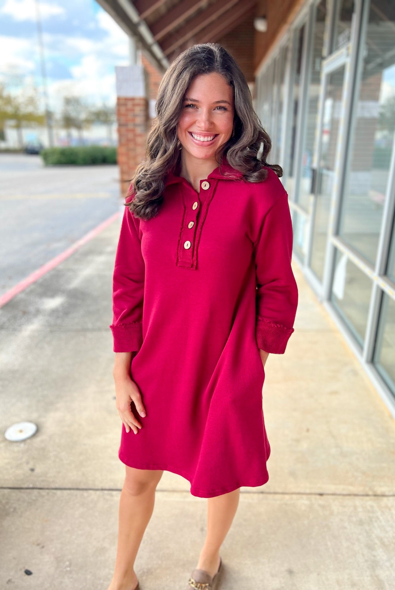 Wine 3/4 Sleeve Knit Collared Dress with Pockets - A'Bekah's Boutique