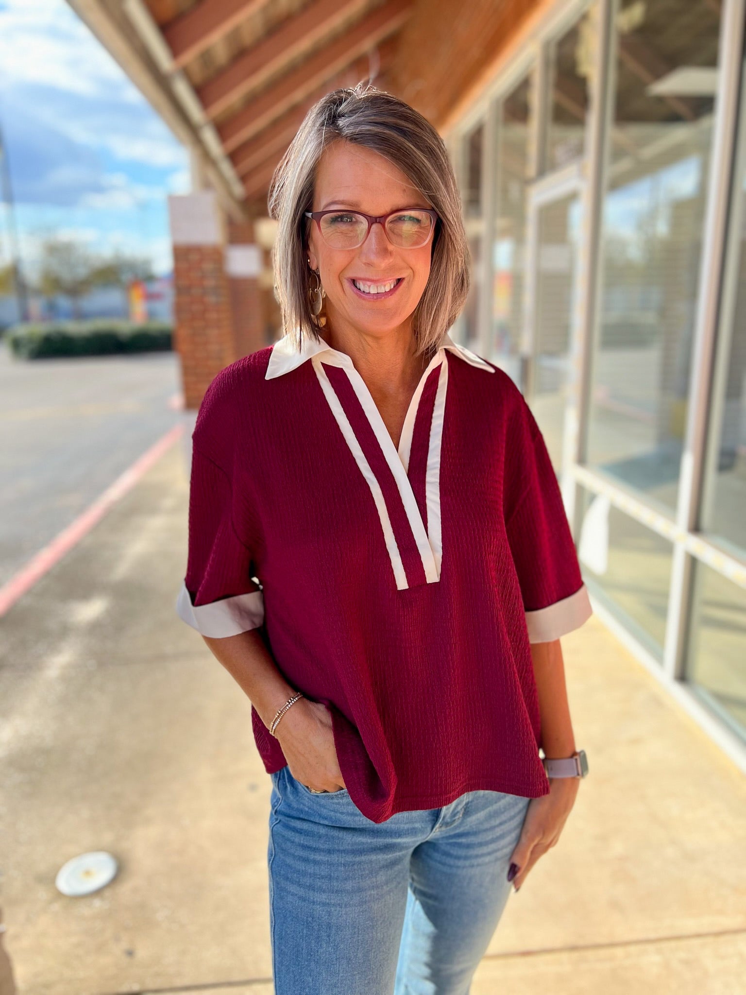 Wine Collared V - Neck Short Sleeve Top - A'Bekah's Boutique