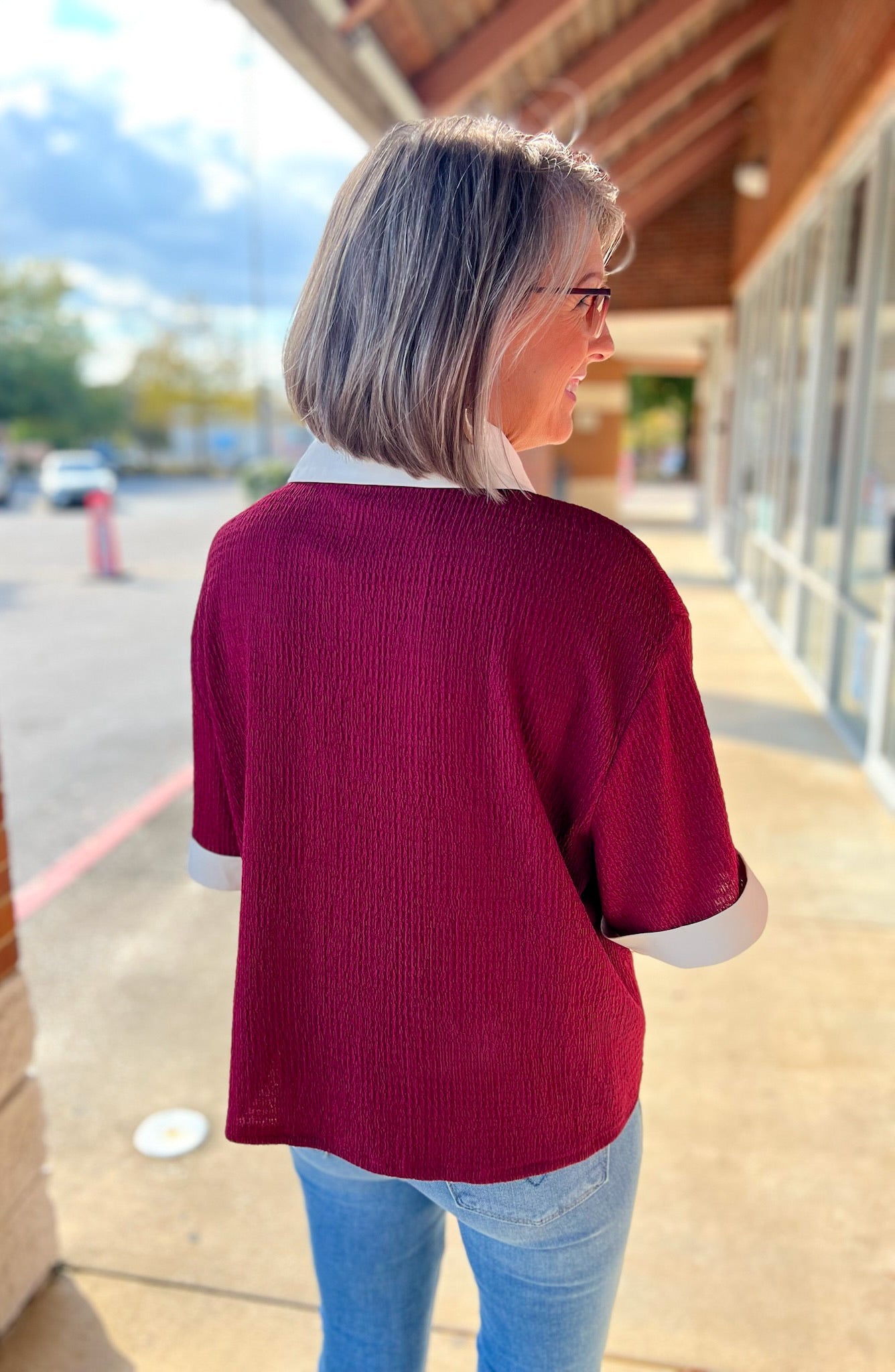 Wine Collared V - Neck Short Sleeve Top - A'Bekah's Boutique