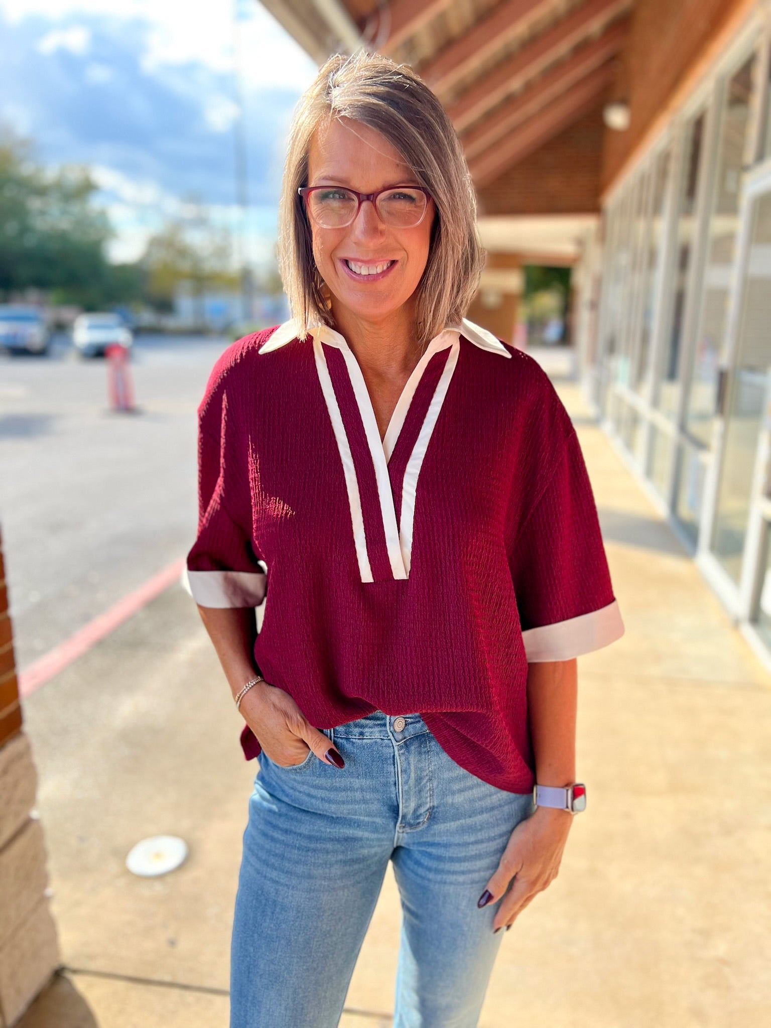 Wine Collared V - Neck Short Sleeve Top - A'Bekah's Boutique