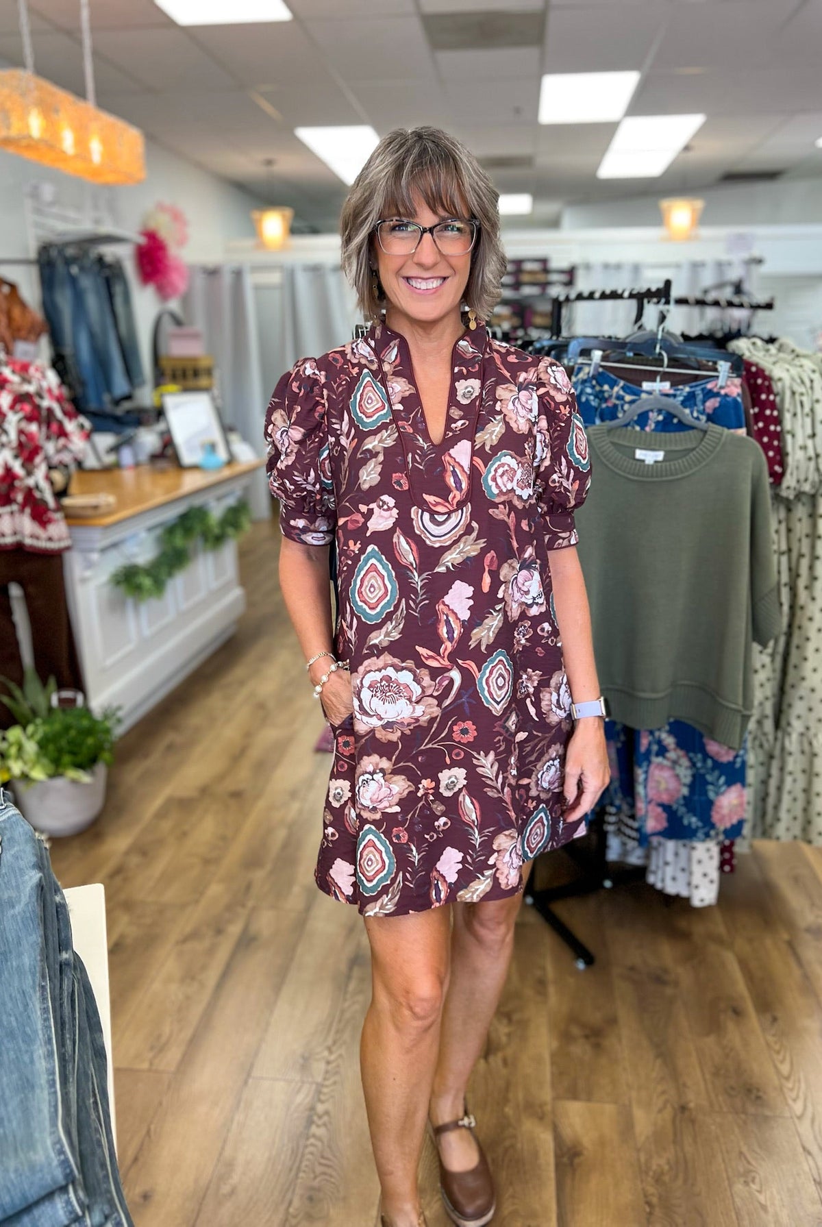 Wine Floral V-Neck Dress with Short Puff Sleeves - A'Bekah's Boutique