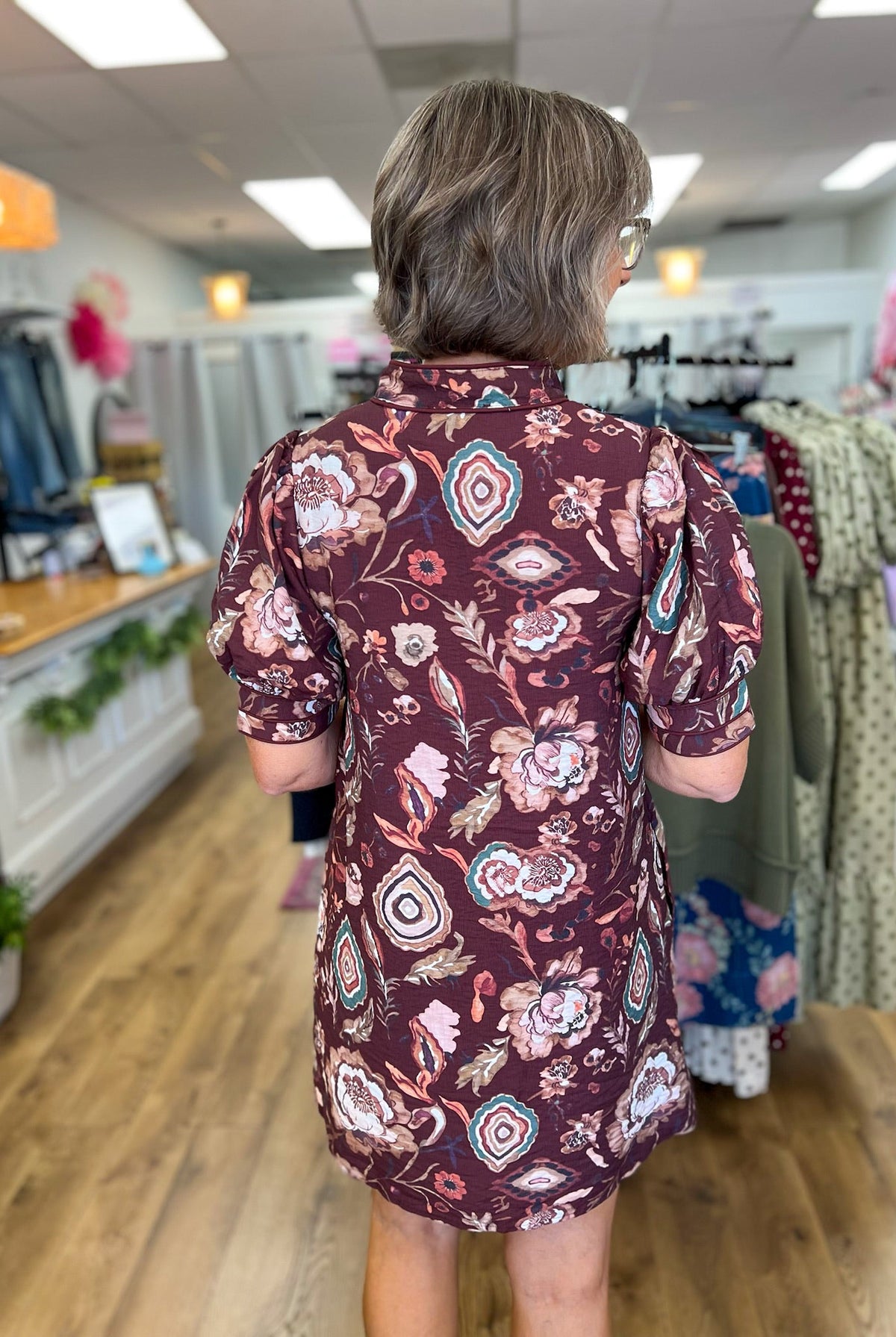 Wine Floral V-Neck Dress with Short Puff Sleeves - A'Bekah's Boutique