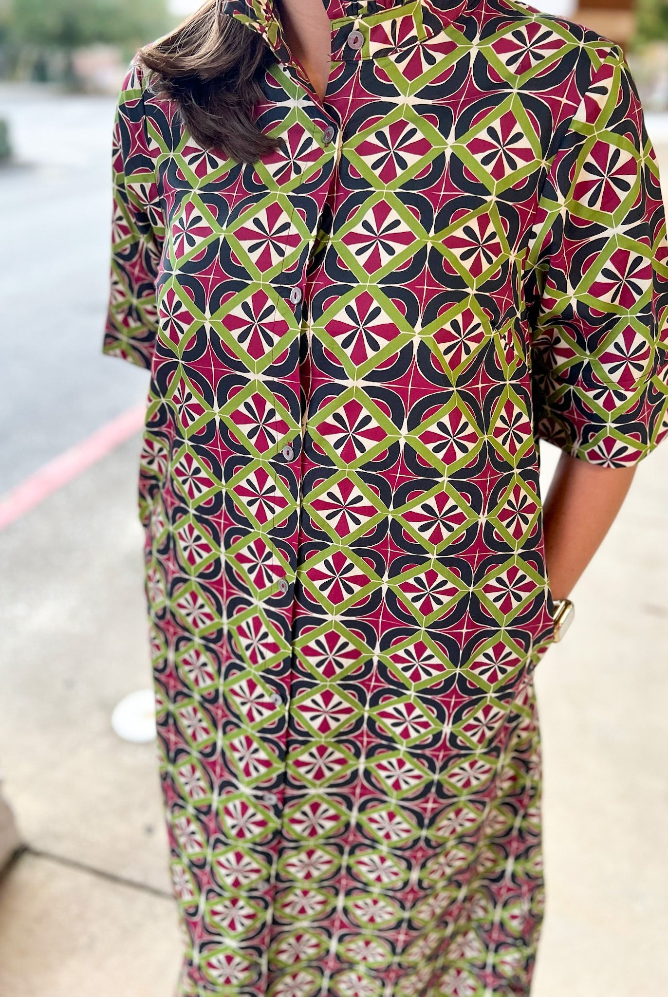 Wine Geometric Print Button Up Short Sleeve Midi Dress - A'Bekah's Boutique