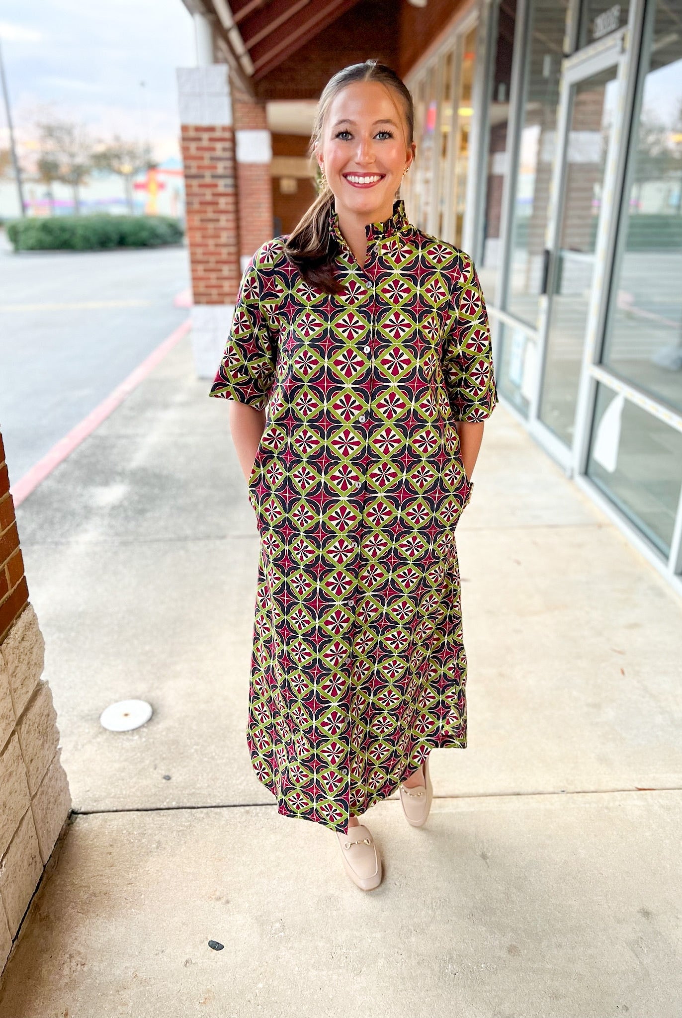 Wine Geometric Print Button Up Short Sleeve Midi Dress - A'Bekah's Boutique
