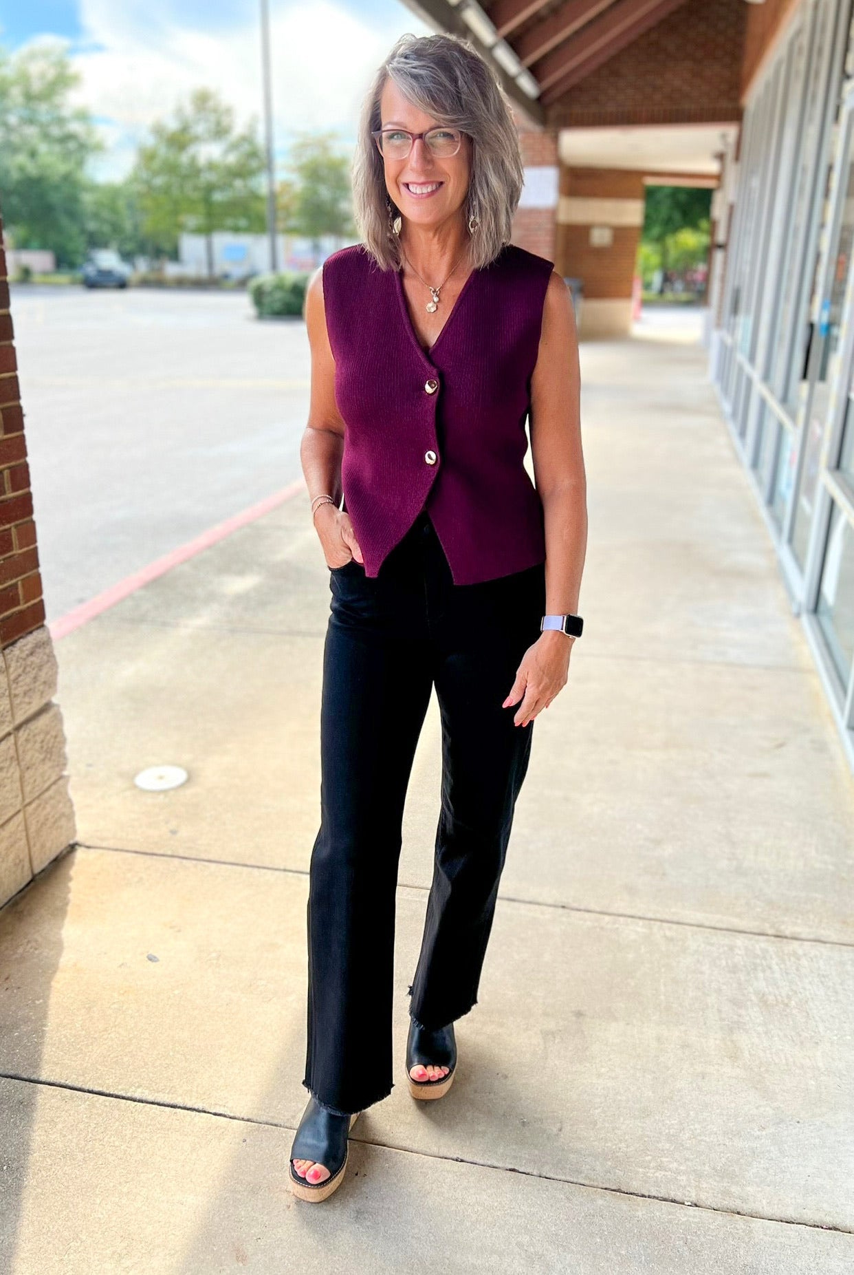 Wine Knit Sweater Vest with Gold Buttons - A'Bekah's Boutique