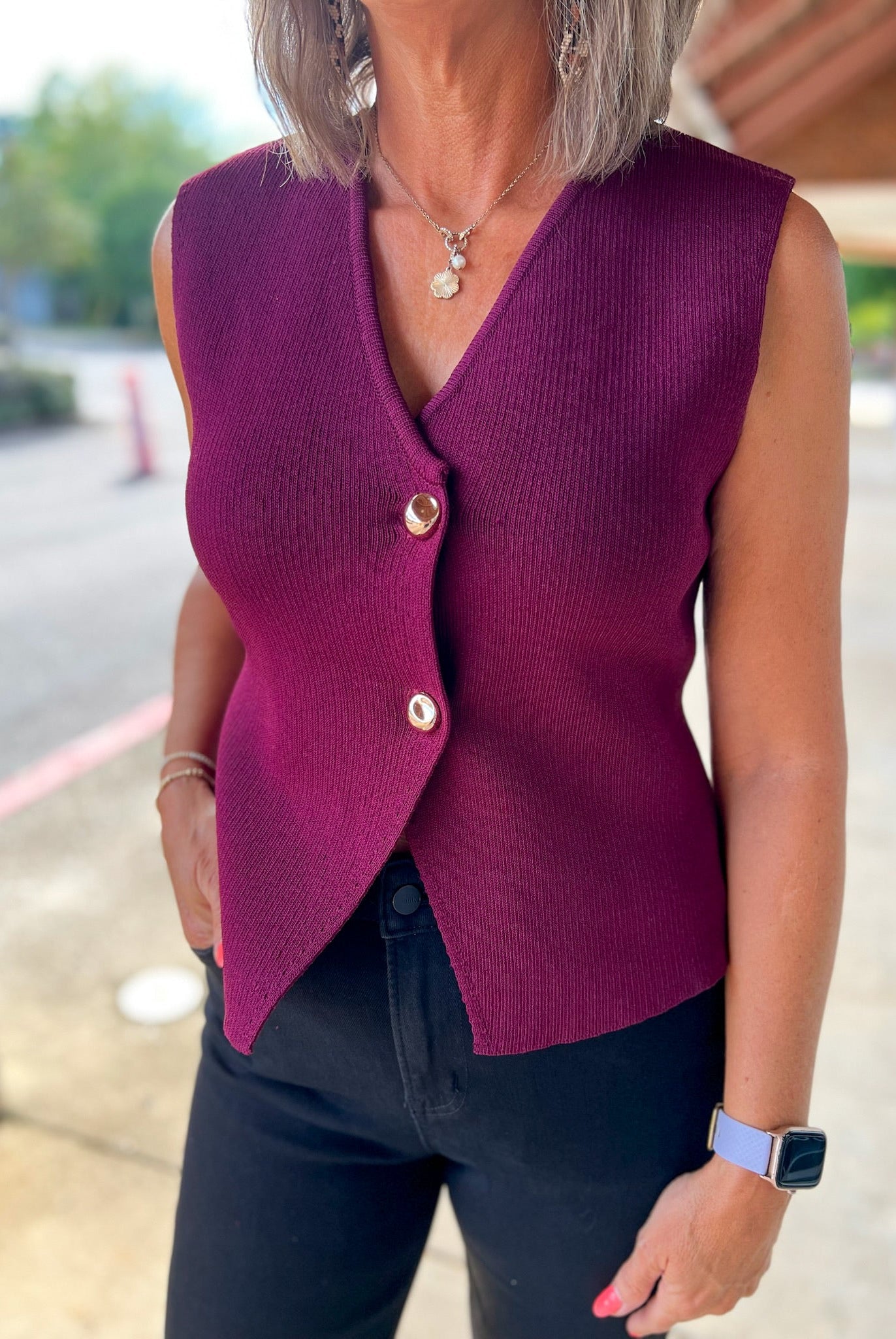 Wine Knit Sweater Vest with Gold Buttons - A'Bekah's Boutique